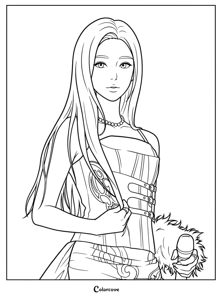 Coloriage à imprimer de Pharita de BABYMONSTER tenant un accessoire duveteux.