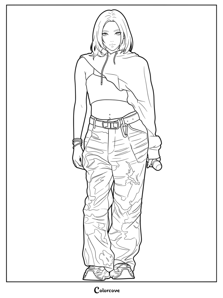 Coloriage de BABYMONSTER mettant en scène Rami portant un crop top et un pantalon cargo.