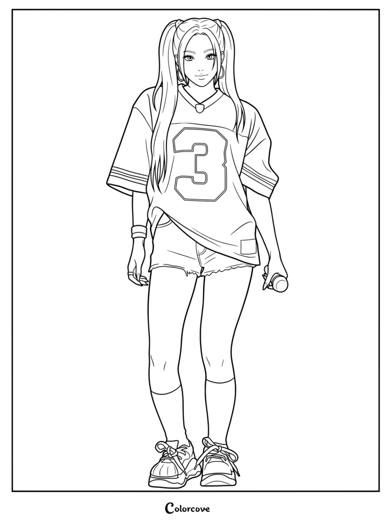 Coloriage de Rami de BABYMONSTER la représentant avec un maillot de sport numéro 3 et des couettes.