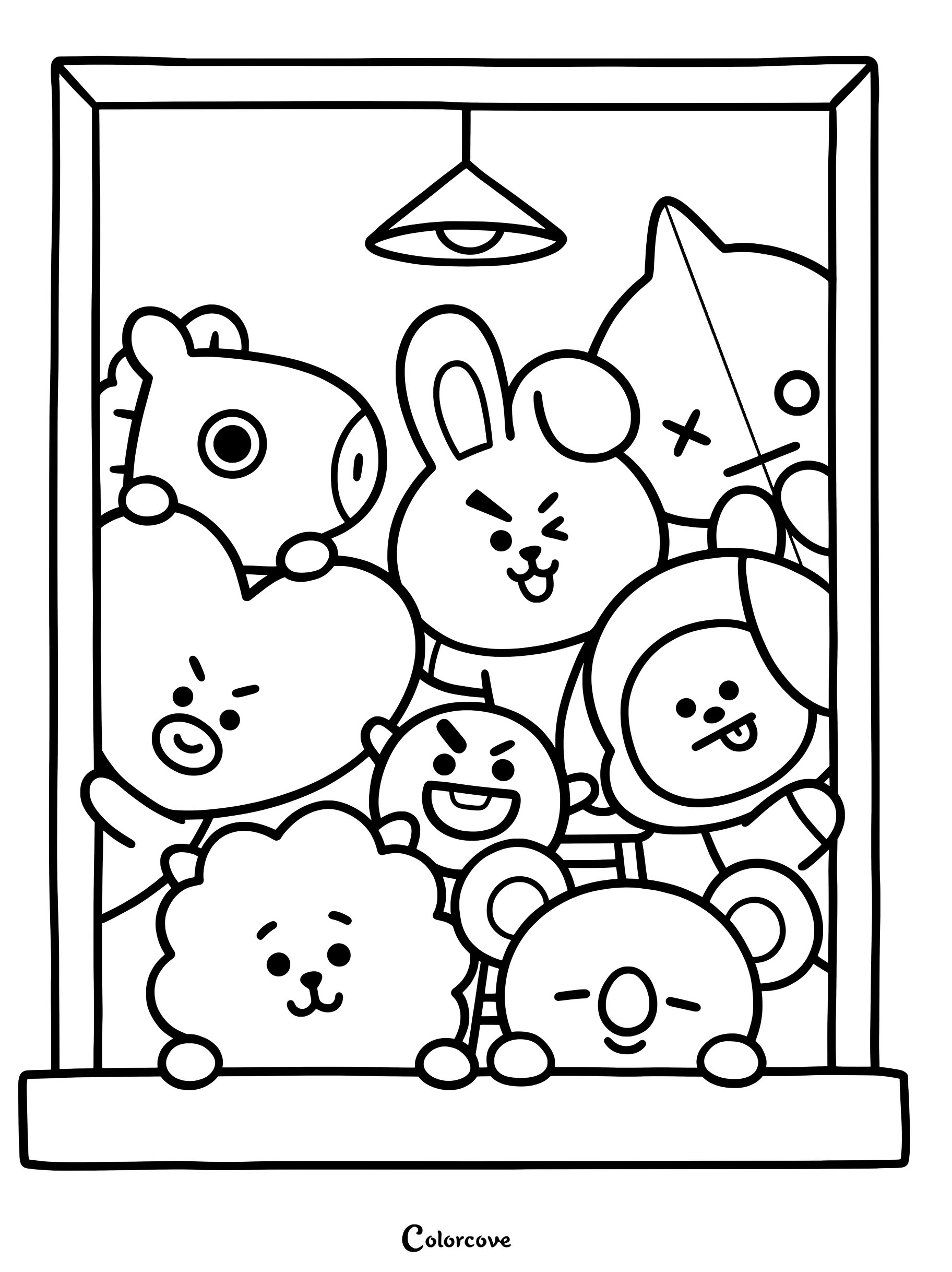 Página para colorear de BT21 con todos los personajes juntos asomándose por una ventana.
