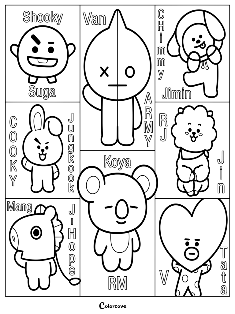 Coloriage BT21 avec tous les personnages, leurs noms respectifs et leurs étiquettes de créateur dans des cases individuelles.