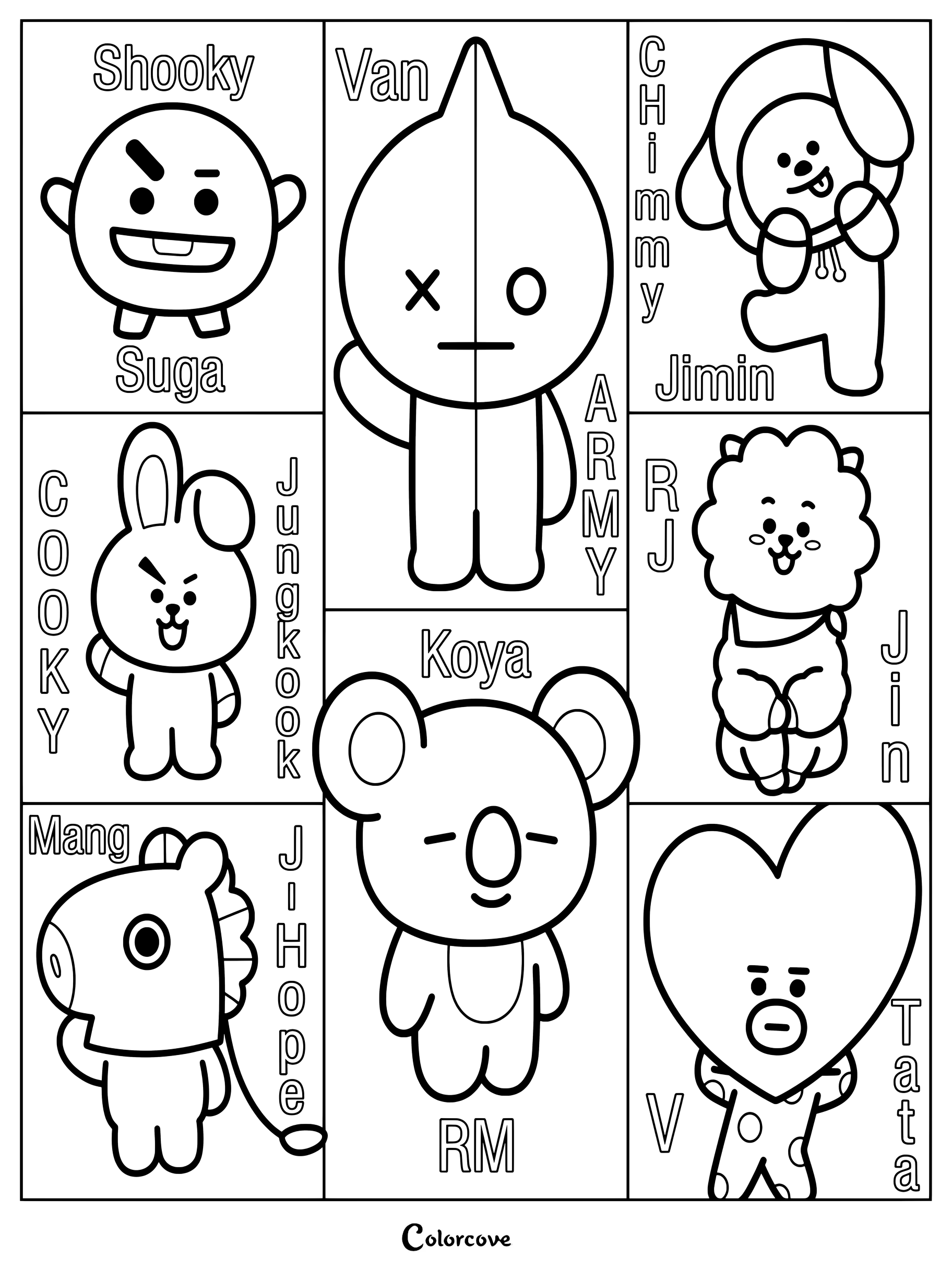 Página para colorear de BT21 con todos los personajes con sus respectivos nombres y etiquetas de creador en paneles individuales.