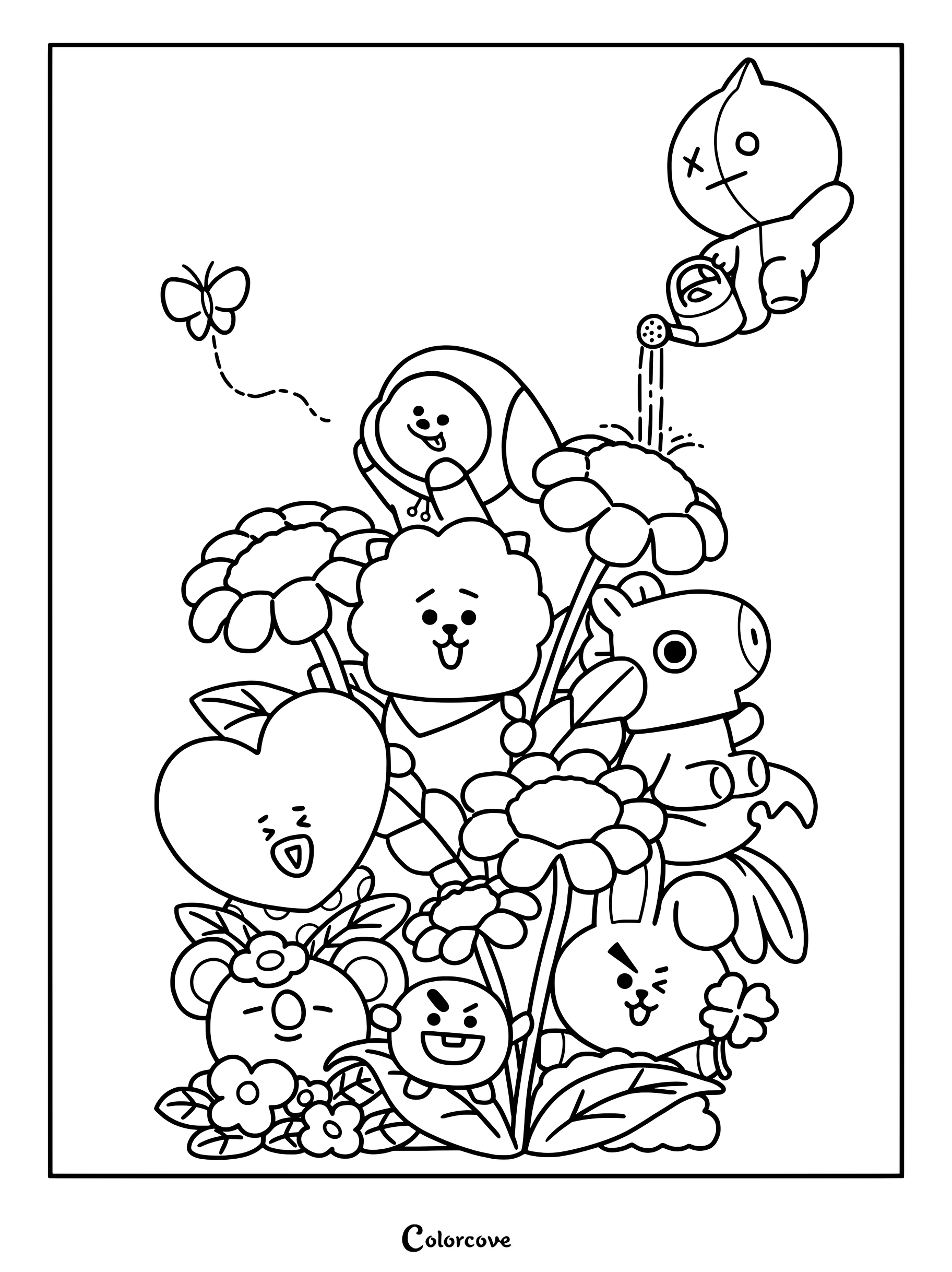 Página para colorear de BT21 con todos los personajes rodeados de flores y una regadera.