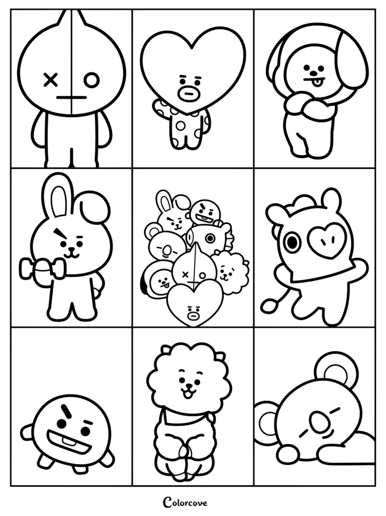 Coloriage BT21 représentant une grille de tous les personnages, incluant Tata, Cooky, Chimmy, RJ, Koya, Shooky, Mang et Van.
