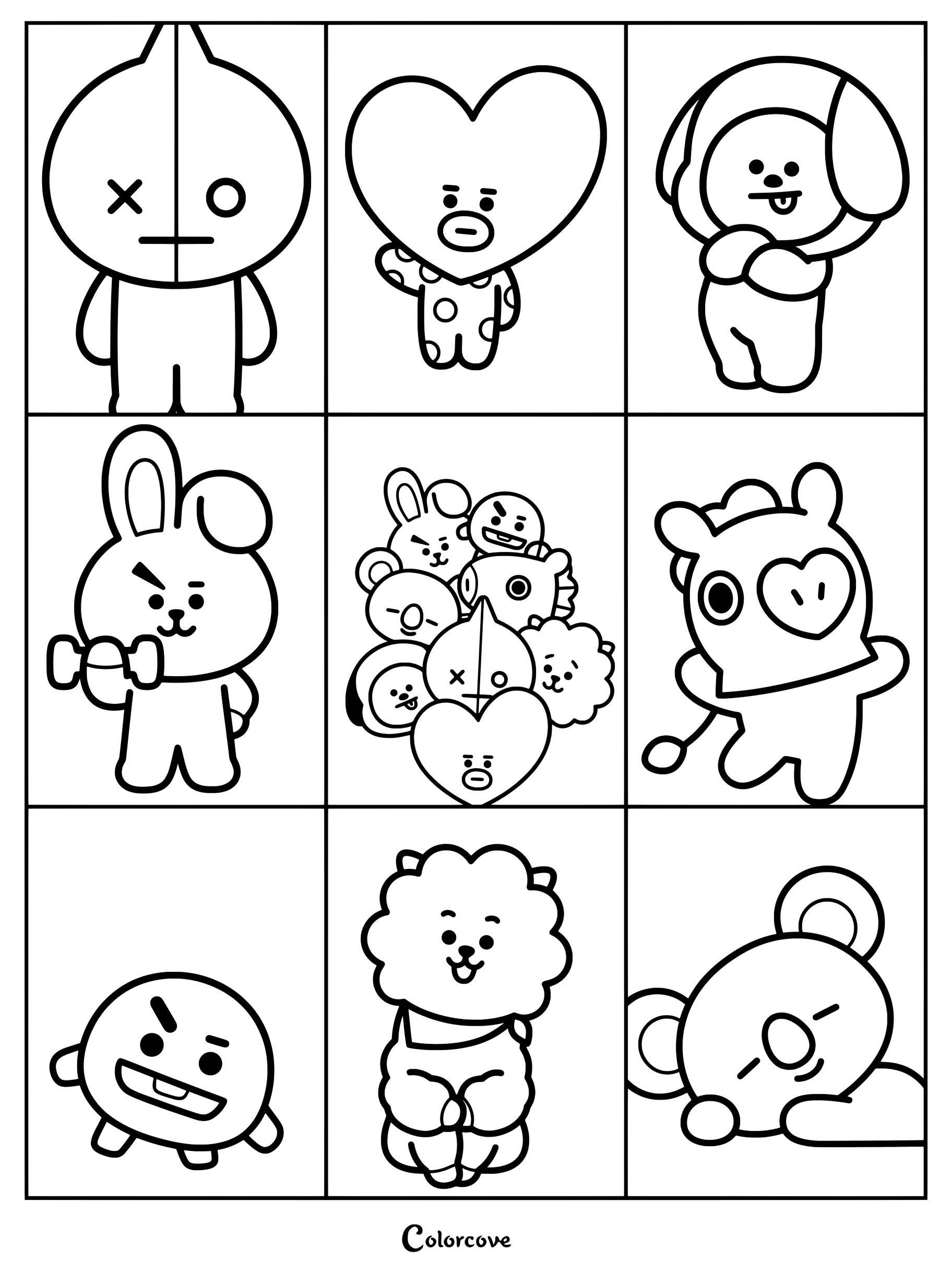 Página para colorear de BT21 con una cuadrícula de todos los personajes, incluidos Tata, Cooky, Chimmy, RJ, Koya, Shooky, Mang y Van.