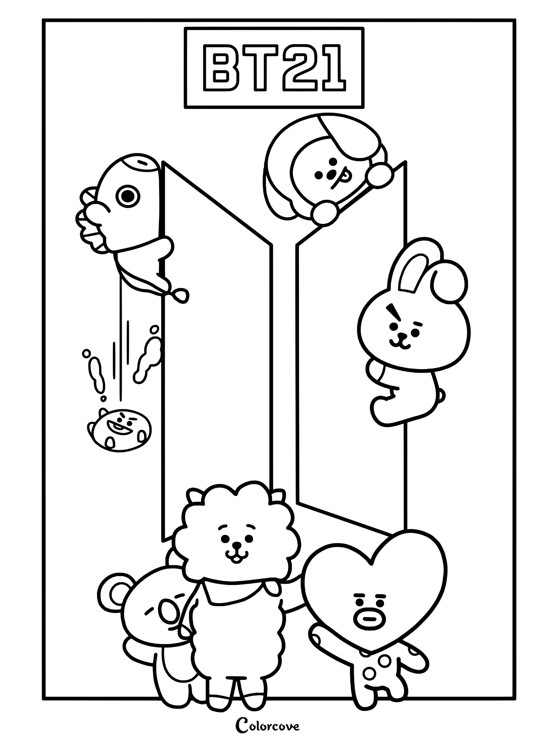 Página para colorear de BT21 con un grupo de personajes rodeando el logo de BTS