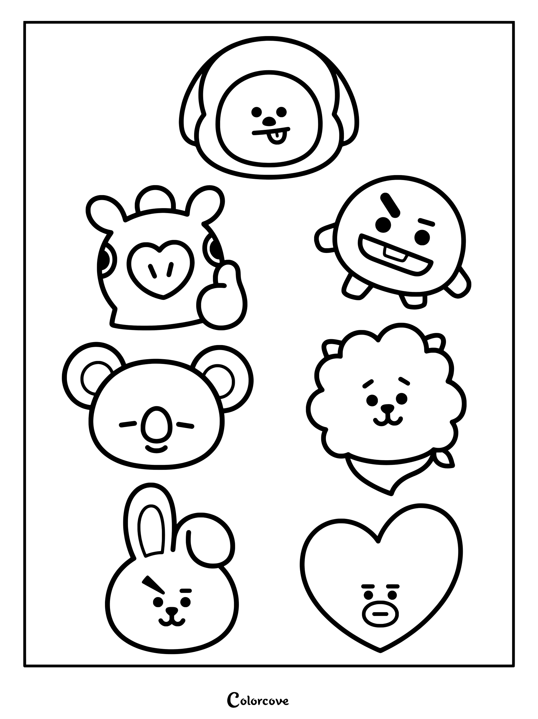 Página para colorear de BT21 con todos los personajes, incluidos Tata, Cooky, Chimmy, RJ, Koya, Shooky, Mang y Van.