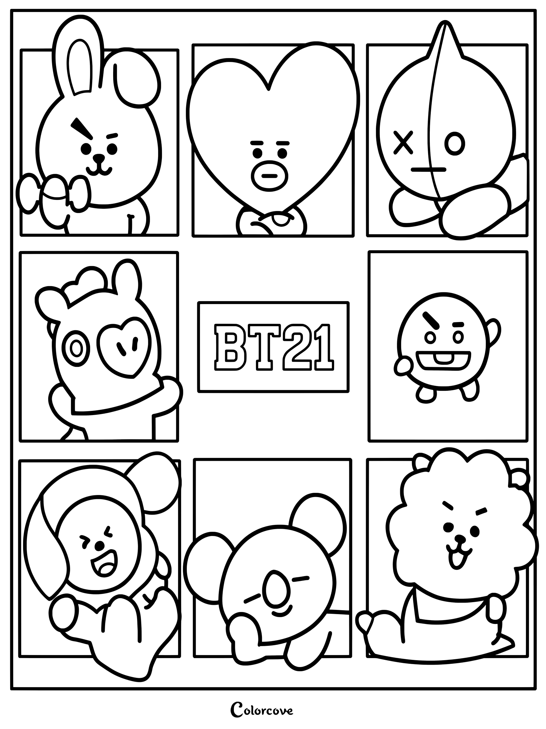 Página para colorear de BT21 con todos los personajes en marcos individuales.