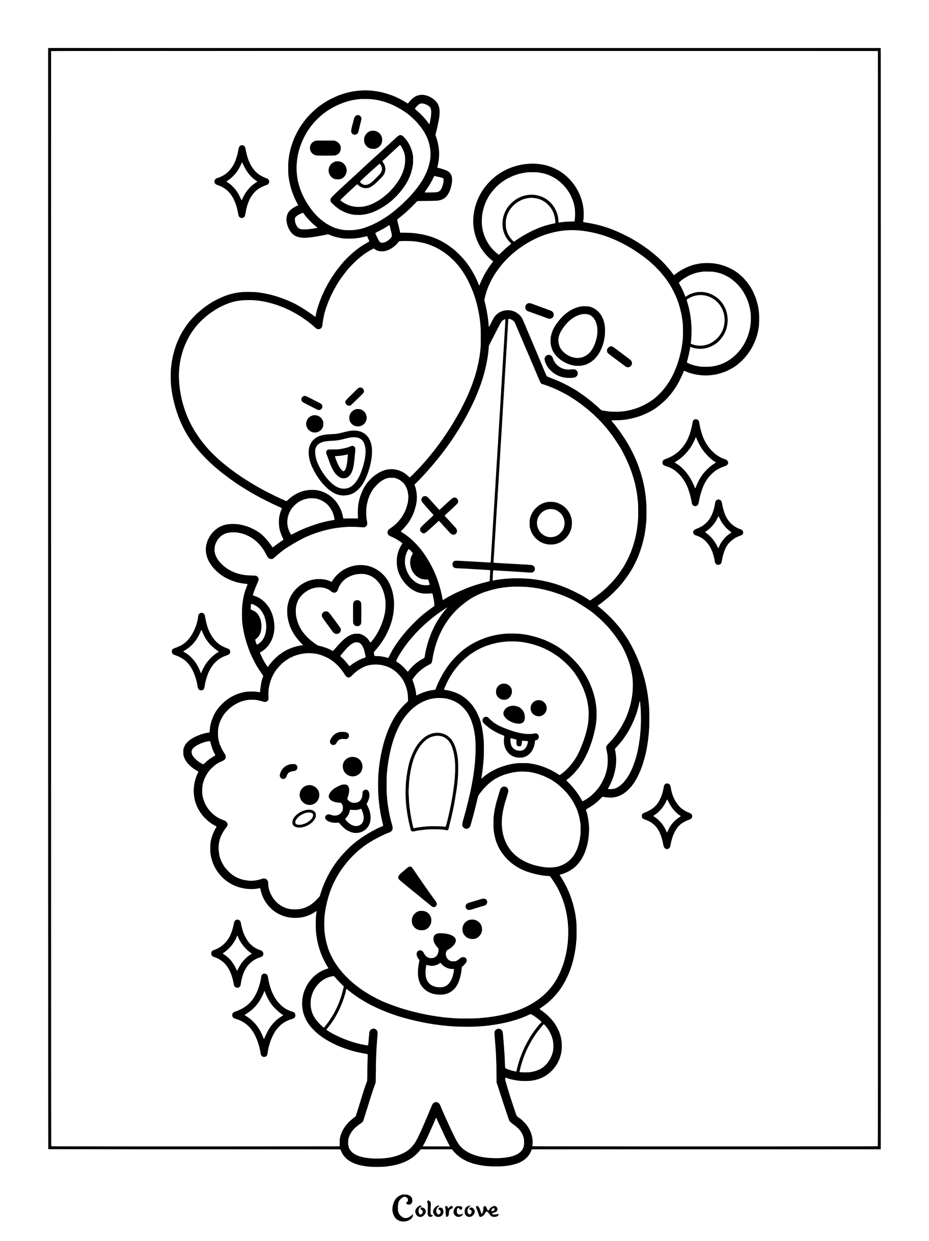 Página para colorear de BT21 con todos los personajes apilados junto a estrellas brillantes.