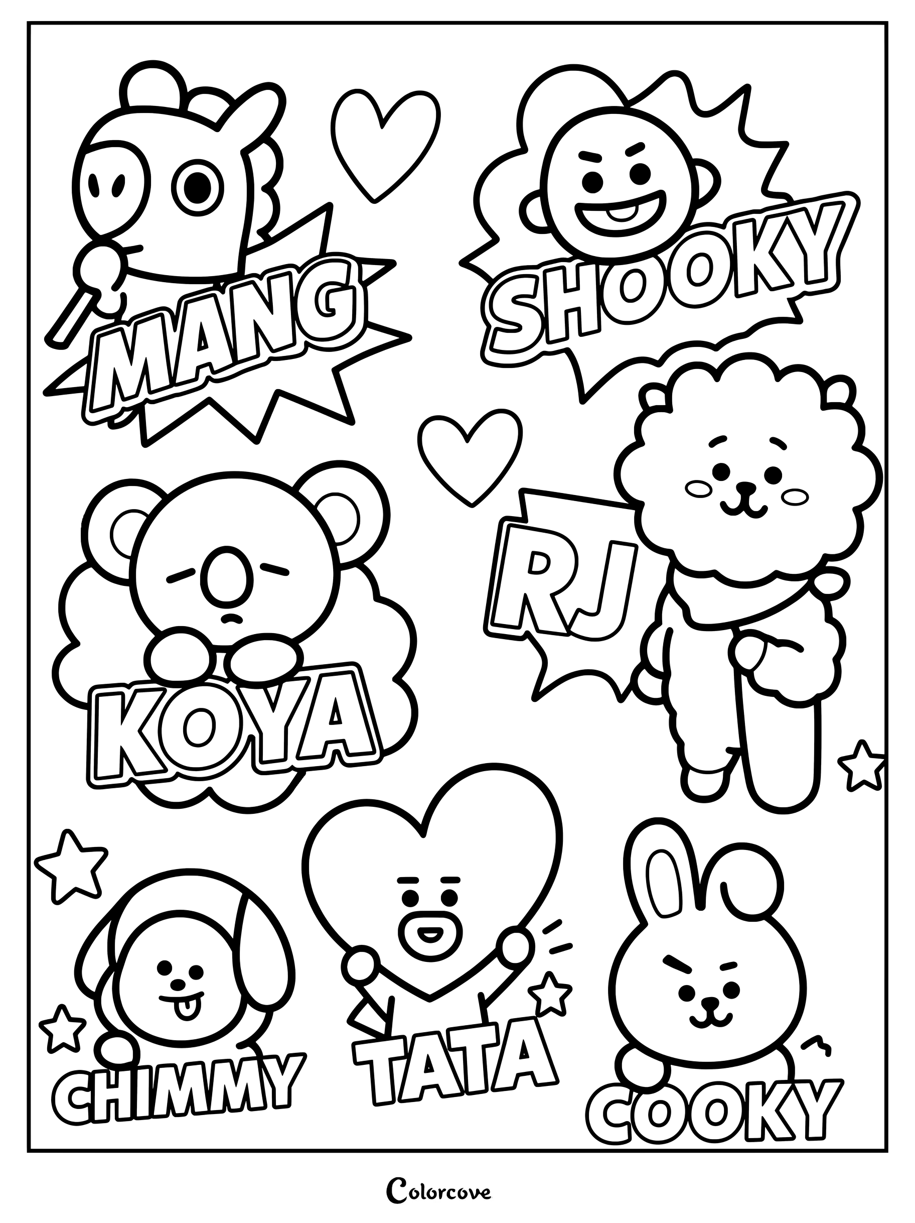 Dibujo para colorear de placas de nombre de los personajes de BT21 con Mang, Shooky, Koya, RJ, Chimmy, Tata y Cooky con corazones y estrellas.
