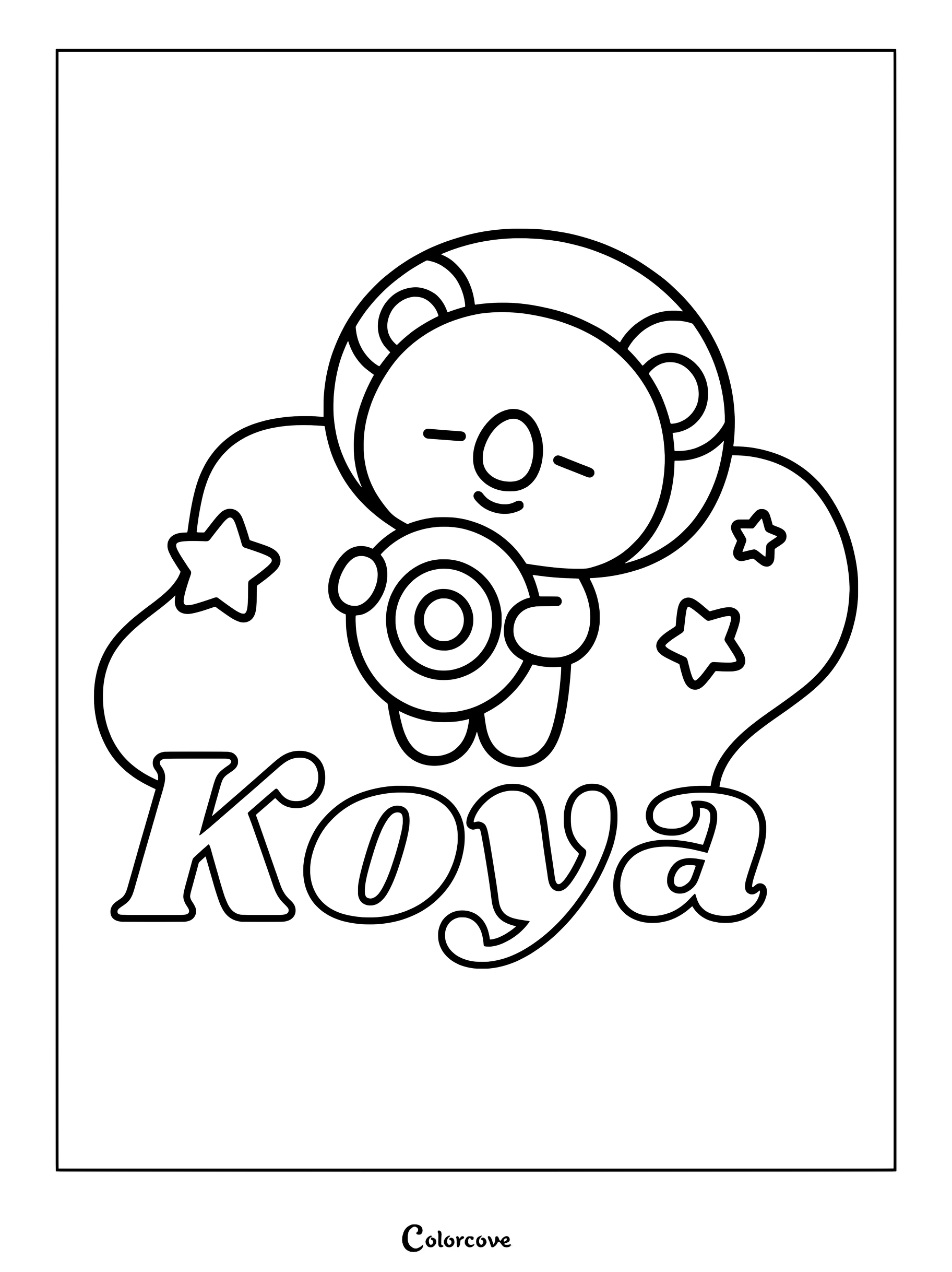 Dibujo para colorear de Koya de BT21 sosteniendo una dona rodeado de estrellas