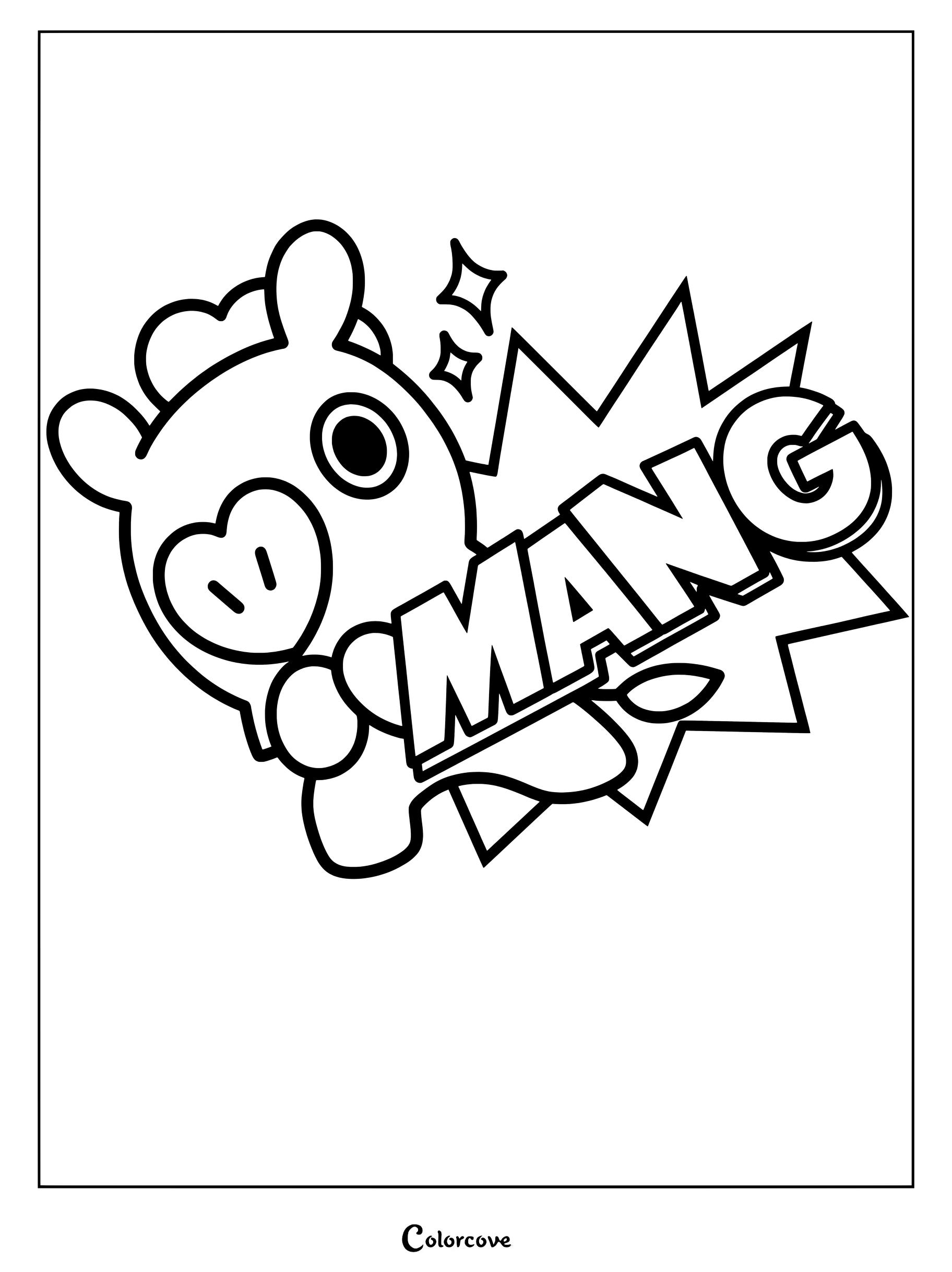 Página para colorear de BT21 con Mang posando con un bocadillo de cómic dinámico de MANG y estrellas brillantes.