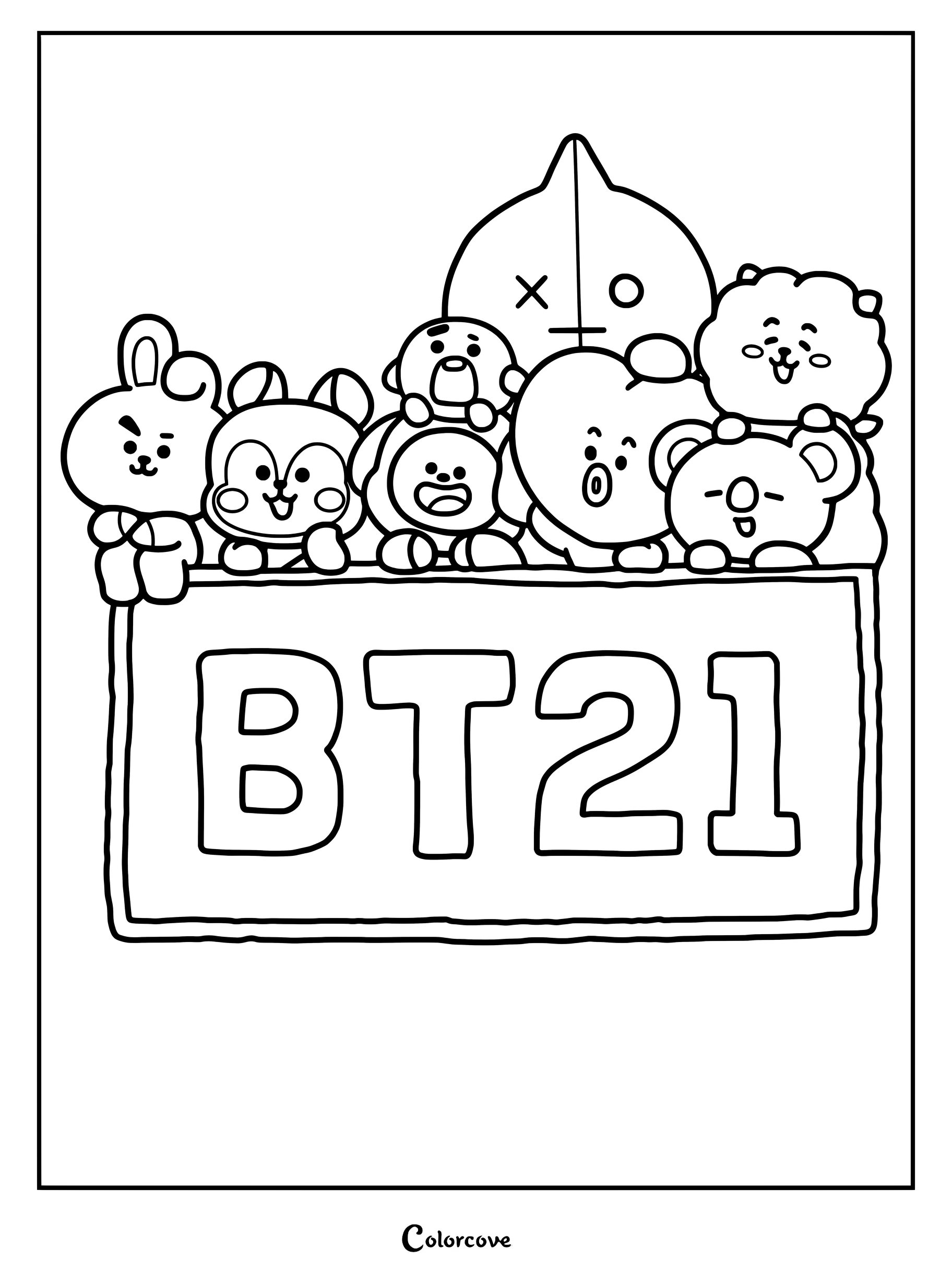 Página para colorear de BT21 con todos los personajes acurrucados detrás del letrero con el logotipo de la marca.