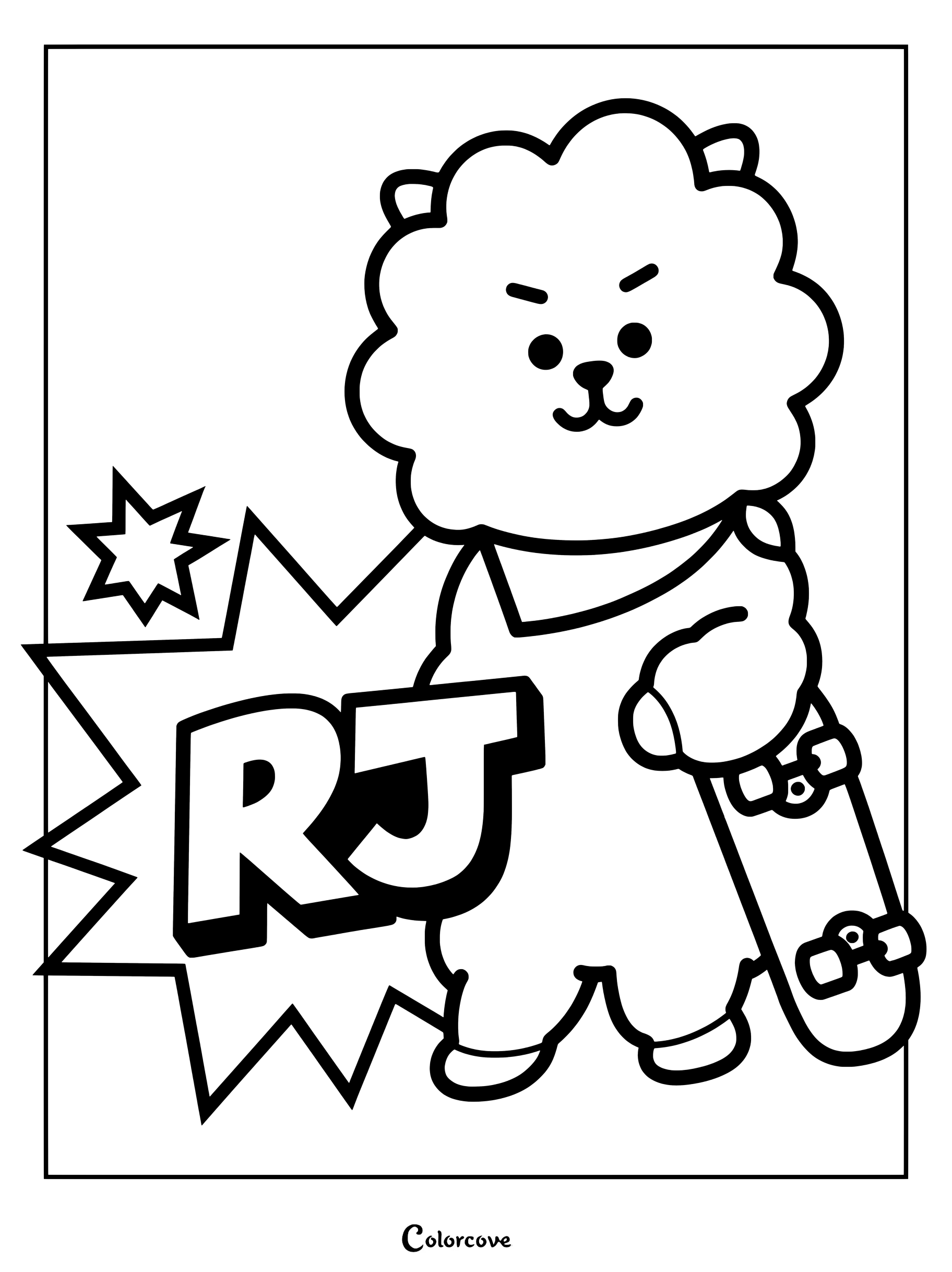 Página para colorear de BT21 con RJ sosteniendo un monopatín junto a un diseño de letras en negrita.