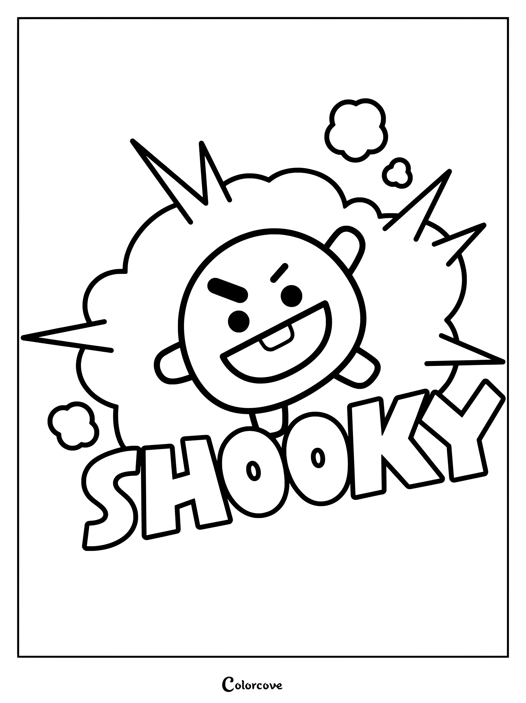 Página para colorear de Shooky de BT21 con el travieso personaje riendo entre una nube de polvo explosiva y letras en negrita con su nombre.