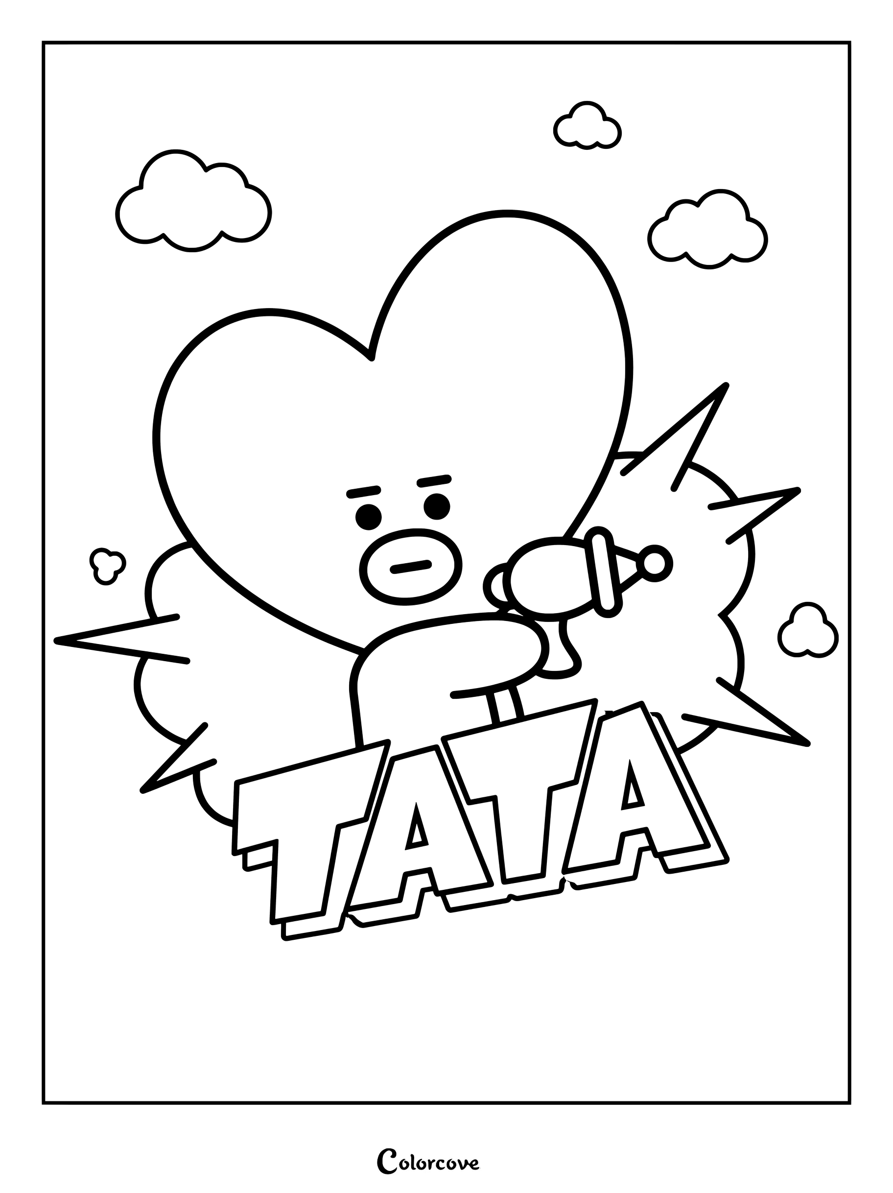 Dibujo para colorear de BT21 con Tata sosteniendo una pistola espacial frente al texto de su nombre y nubes