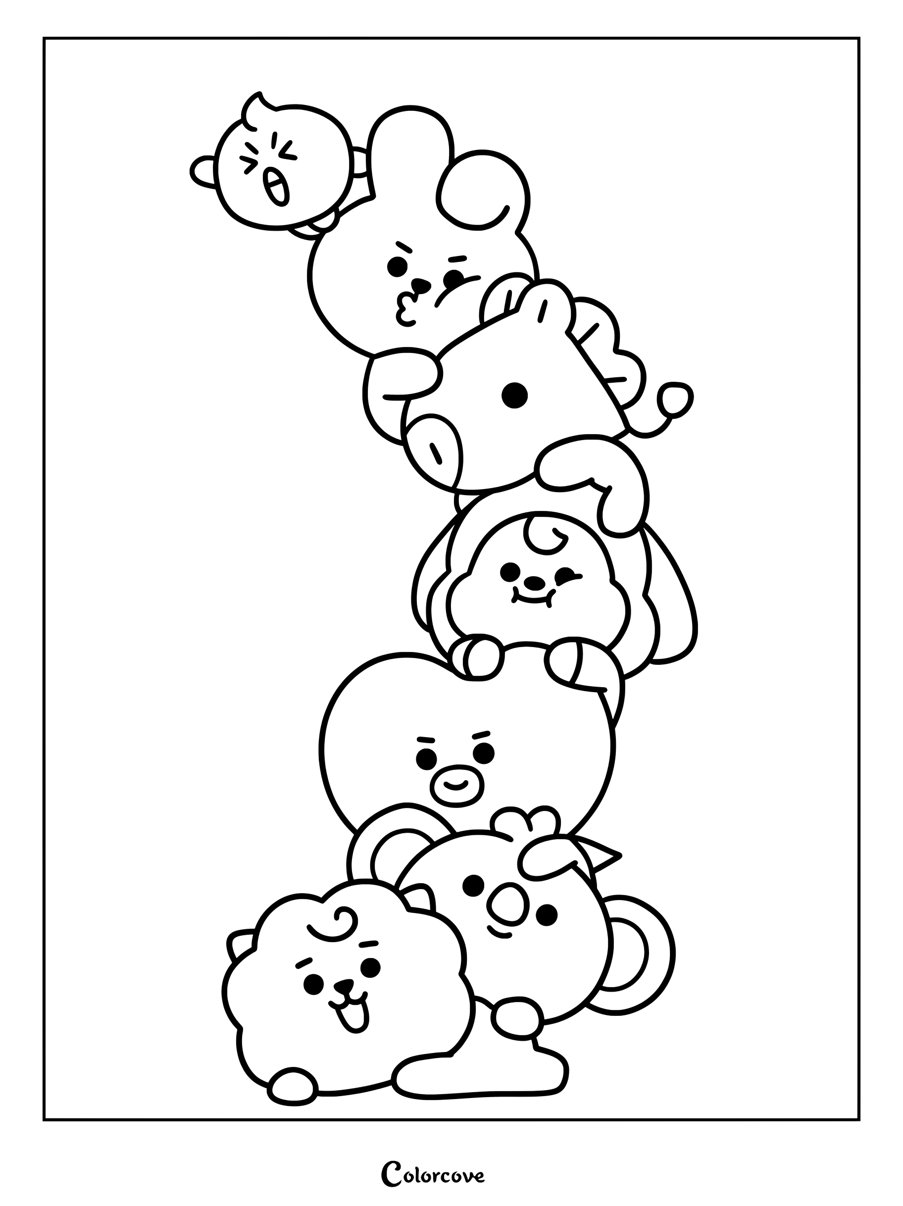 Página para colorear con los personajes de BT21 apilados verticalmente en una divertida torre.