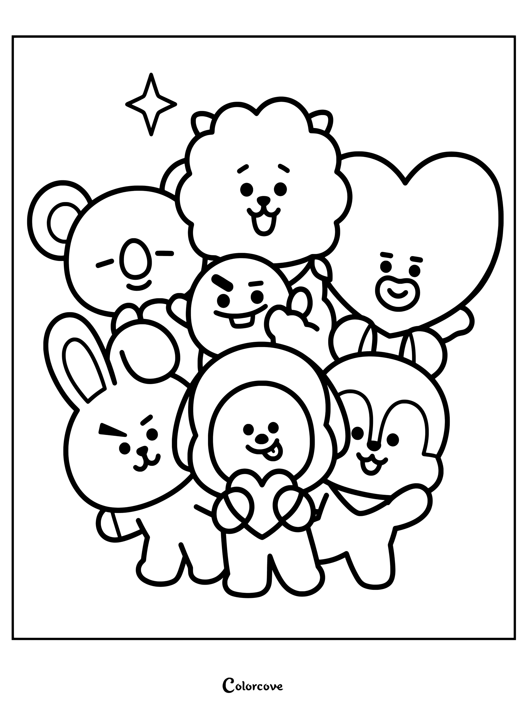 Página para colorear de BT21 con todos los personajes acurrucados con el detalle de una estrella.