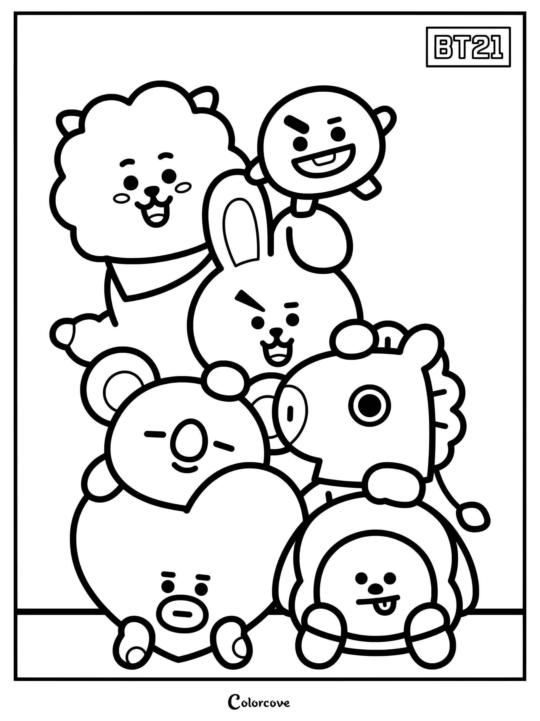 Página para colorear de BT21 con todos los personajes reunidos.