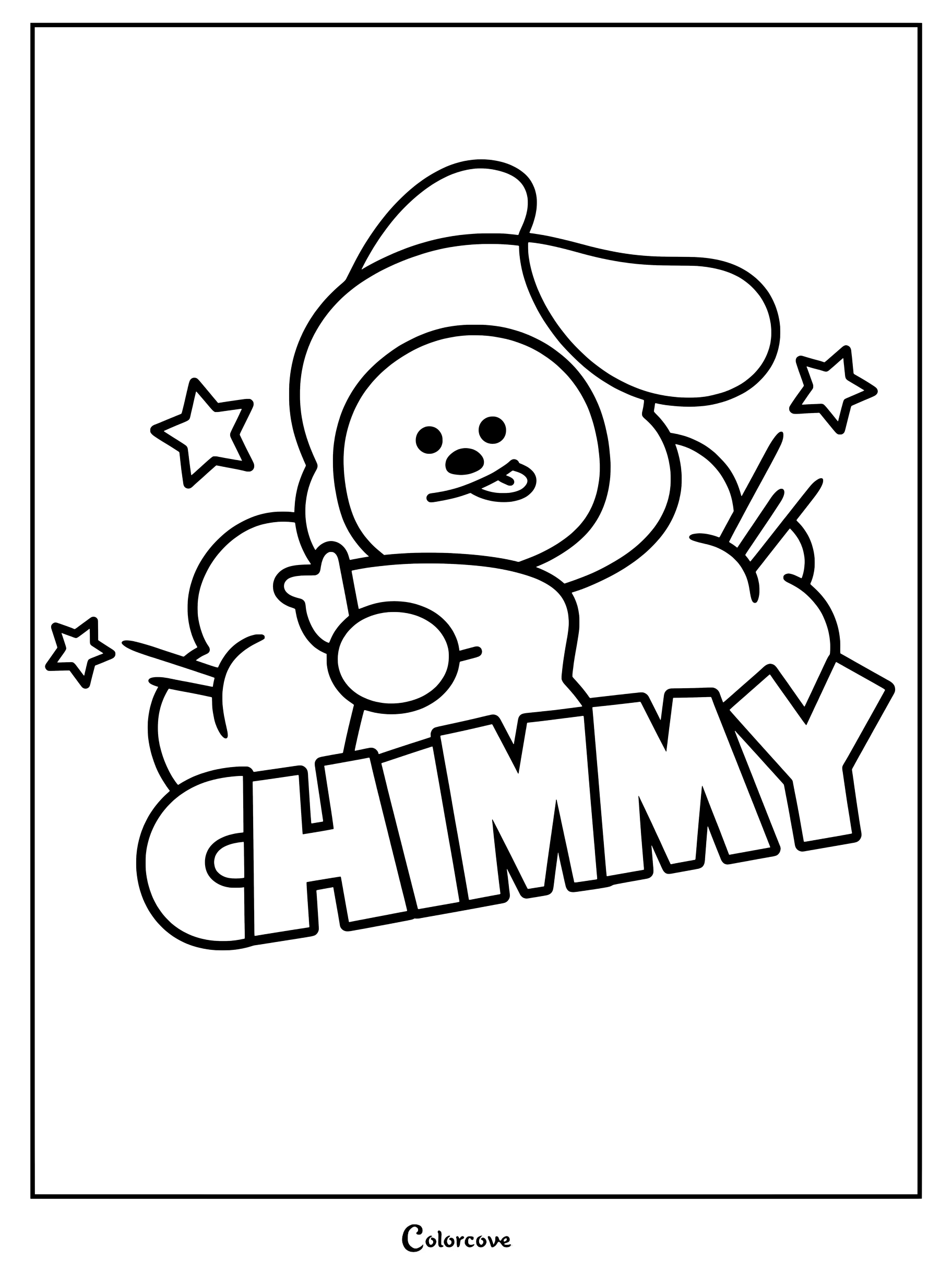 Página para colorear de Chimmy con el personaje de BT21 rodeado de estrellas y texto.