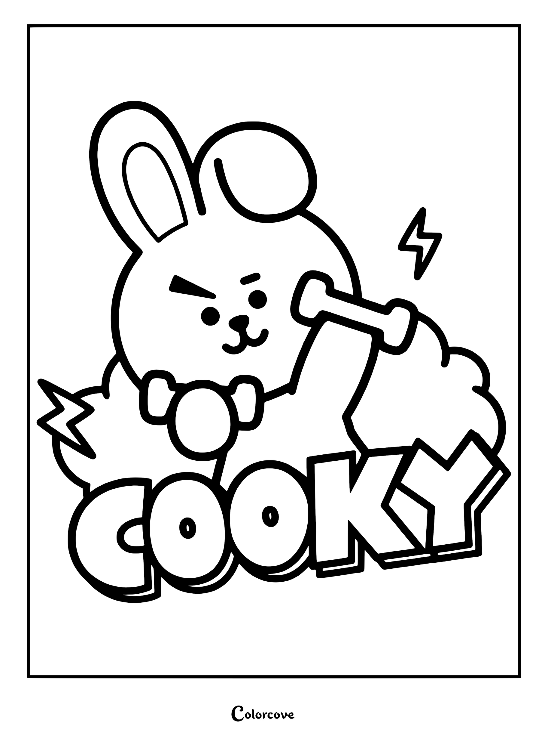 Página para colorear de BT21 con Cooky mostrando sus músculos junto a una pesa y rayos