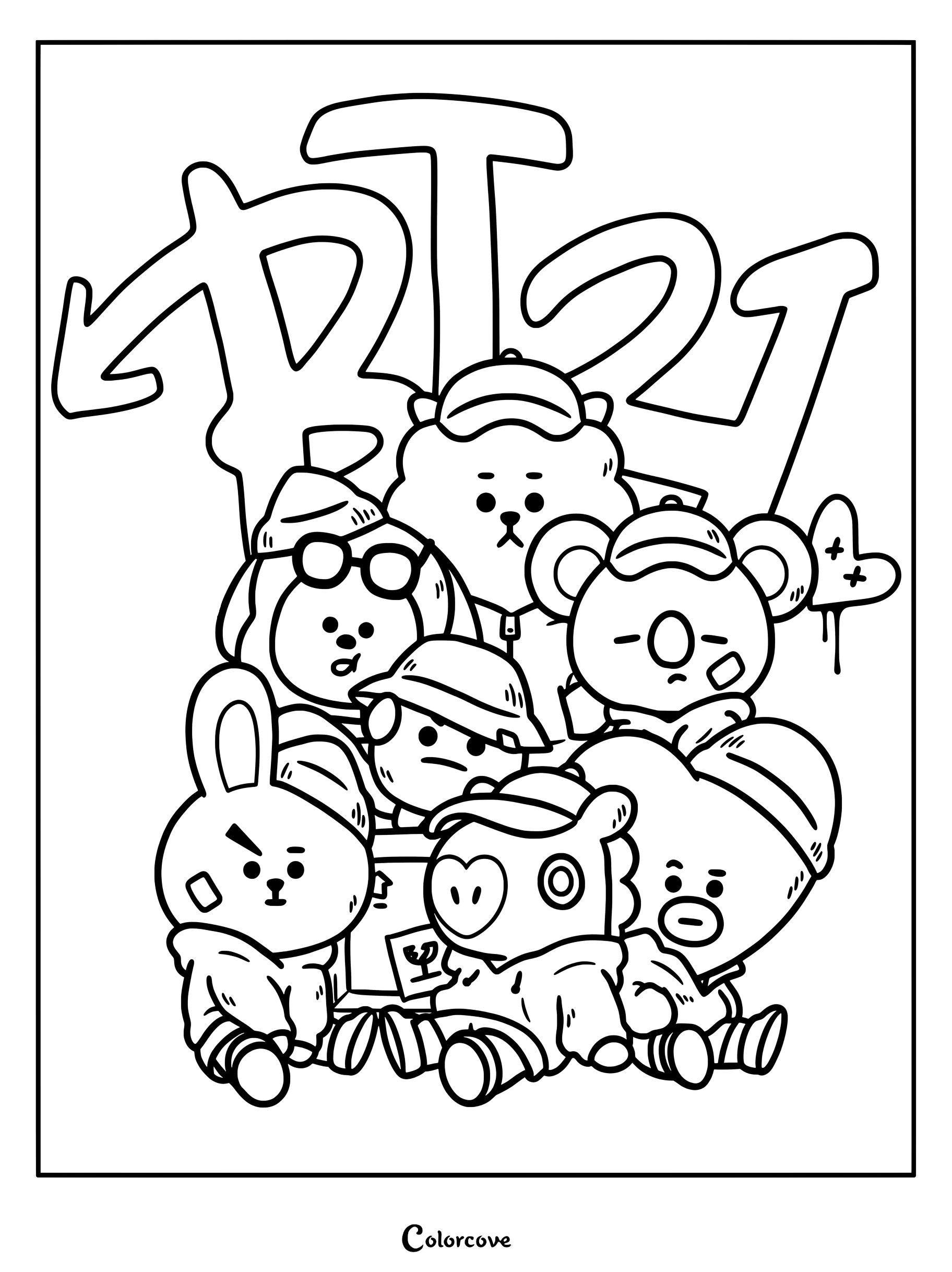 Dibujo para colorear de un grupo con todos los personajes de BT21 juntos bajo un logo al estilo grafiti.