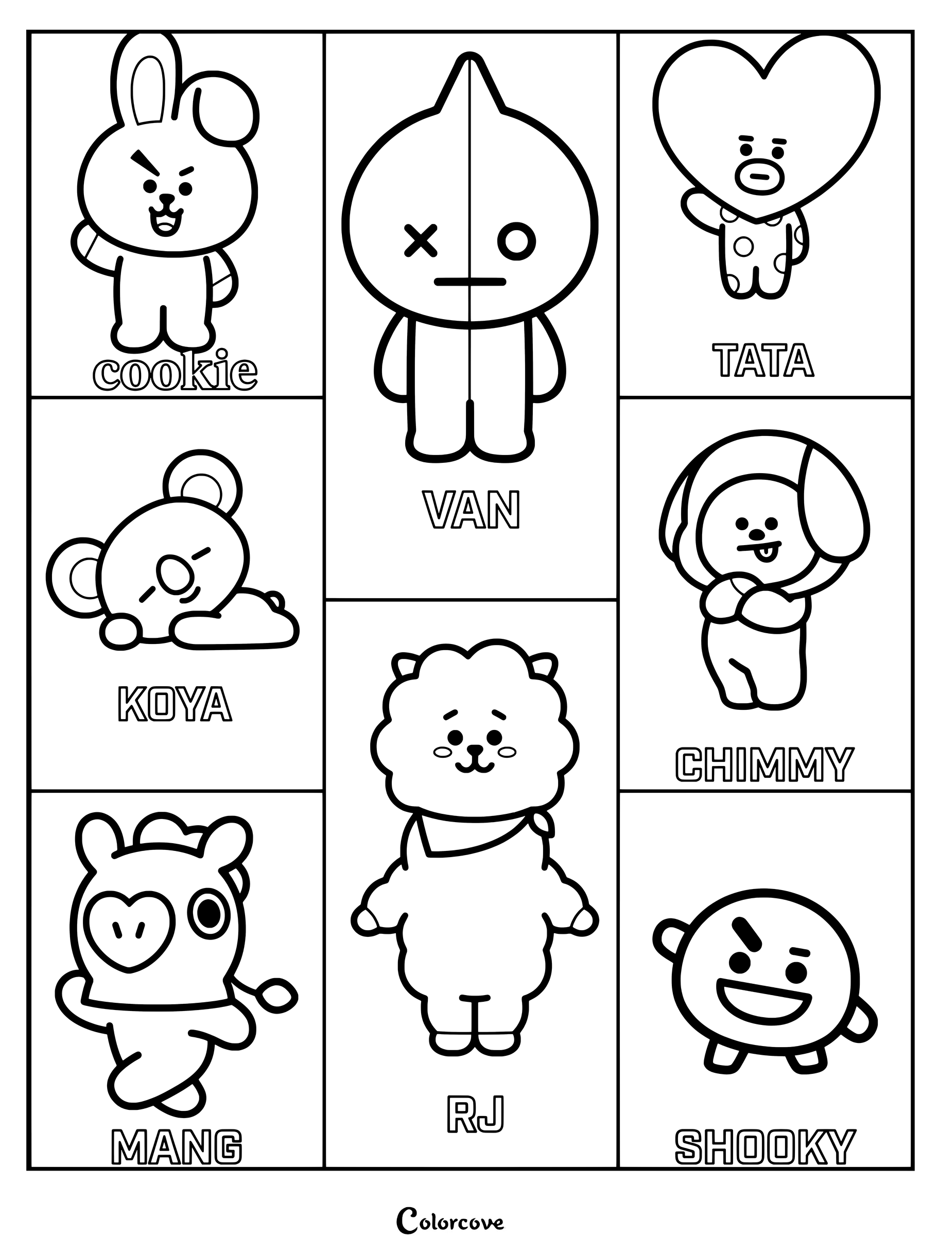 Página para colorear de BT21 con Cooky, Van, Tata, Koya, Chimmy, Mang, RJ y Shooky en paneles individuales.
