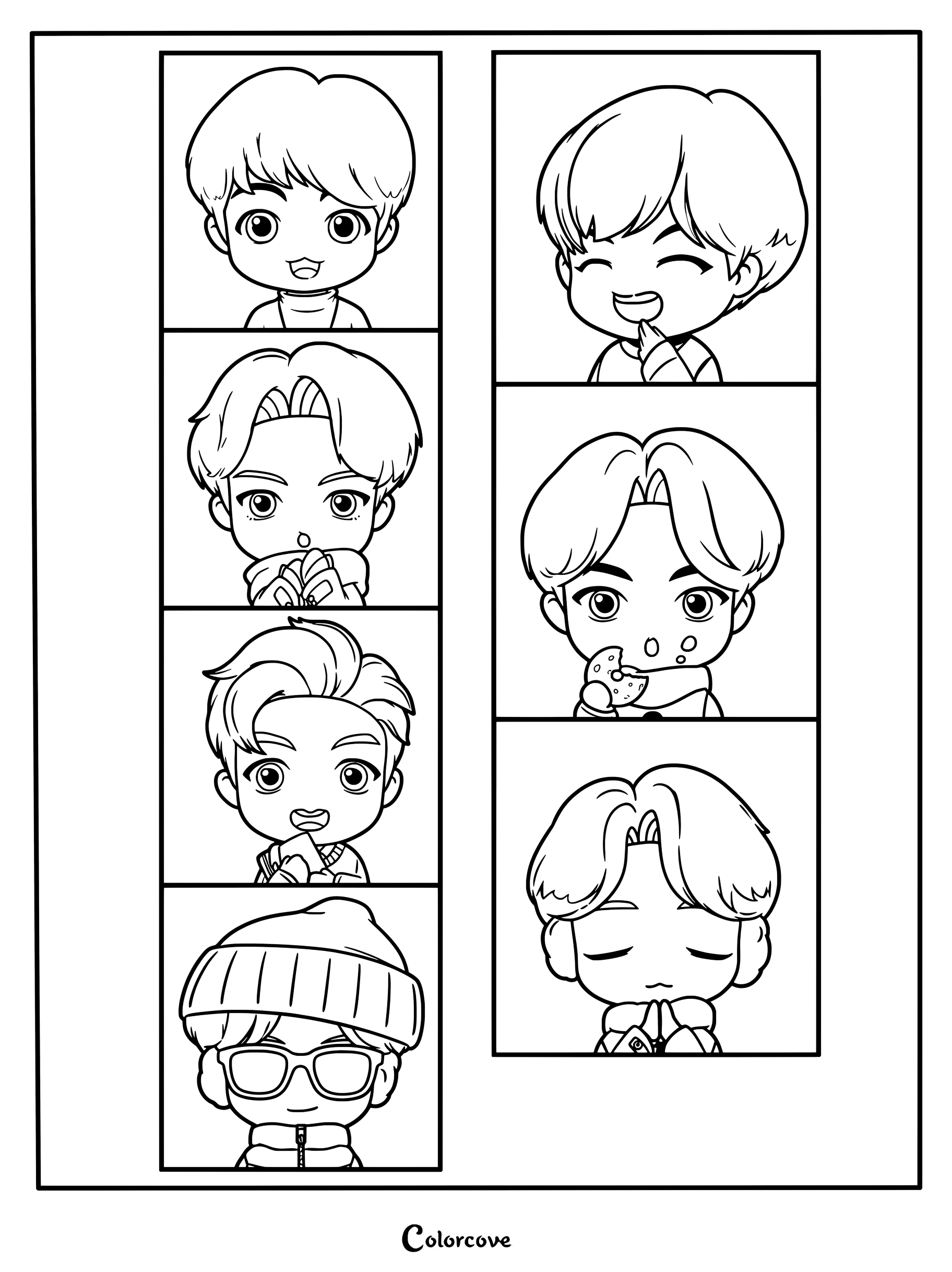 Coloriage en cases des membres chibi de BTS TinyTAN affichant diverses expressions et poses mignonnes.