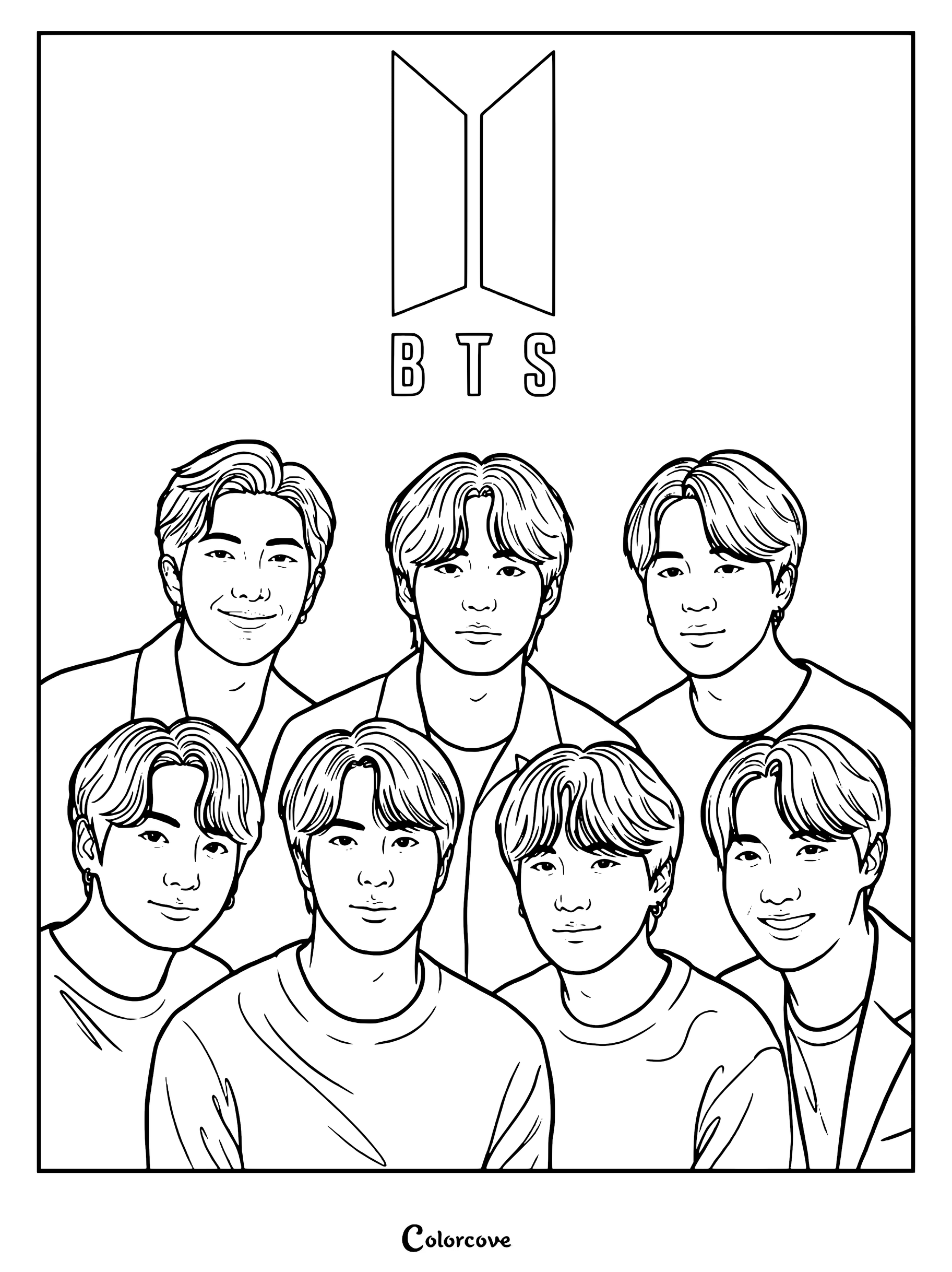 Coloriage au trait représentant les sept membres du groupe de musique sud-coréen BTS sous leur logo iconique