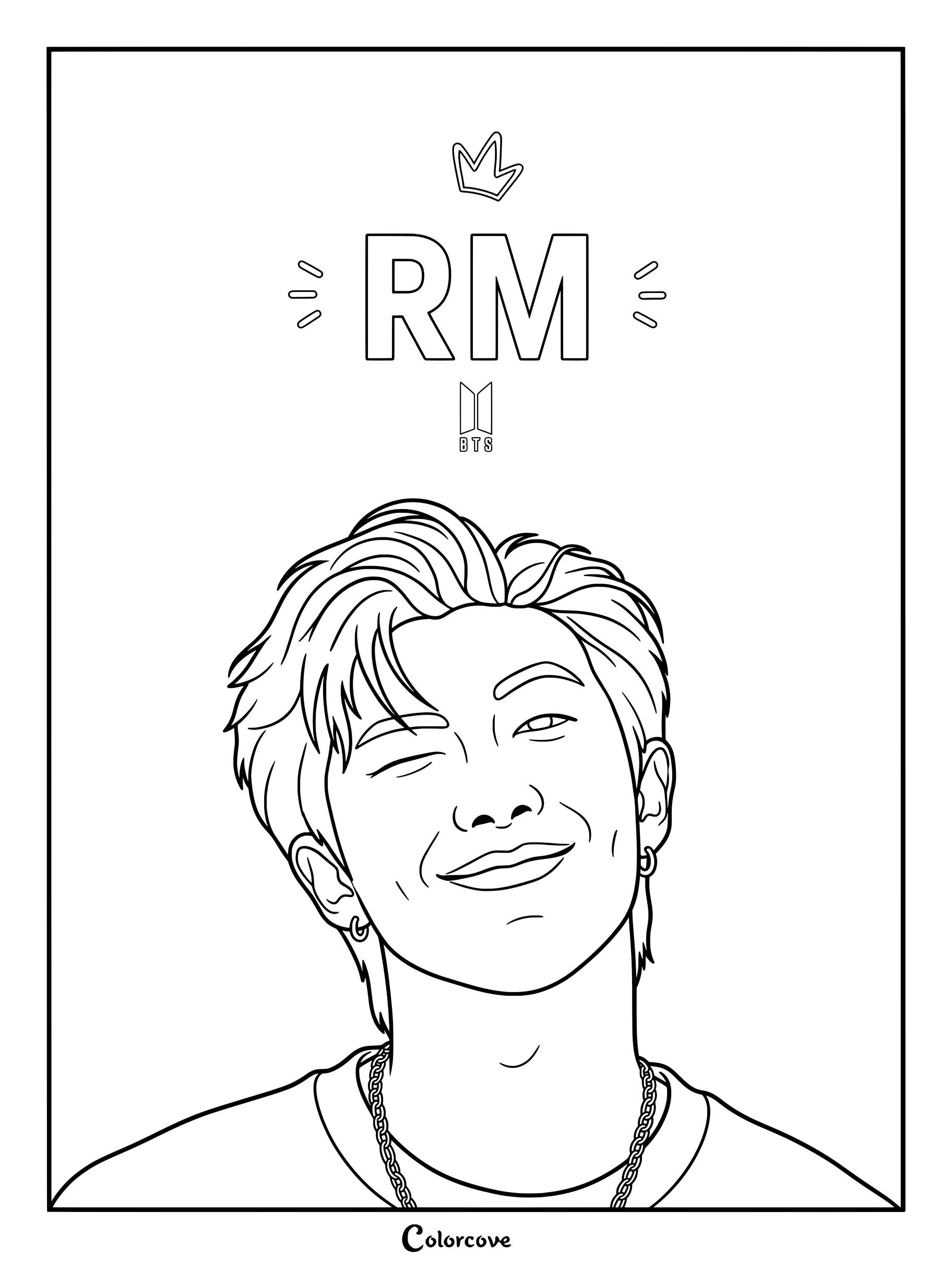 Coloriage de RM de BTS souriant avec un clin d'œil et ses fossettes visibles.