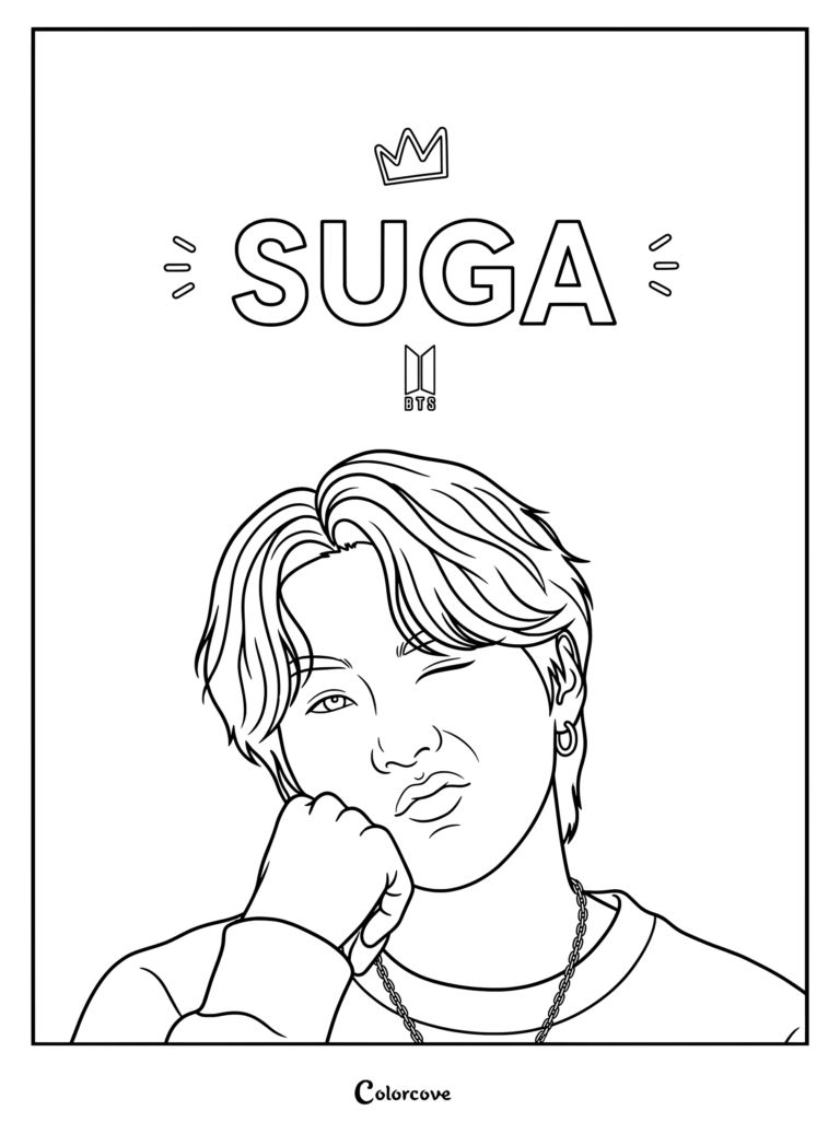 SUGA de BTS guiñando un ojo y con la mano en la barbilla en esta página para colorear para imprimir.