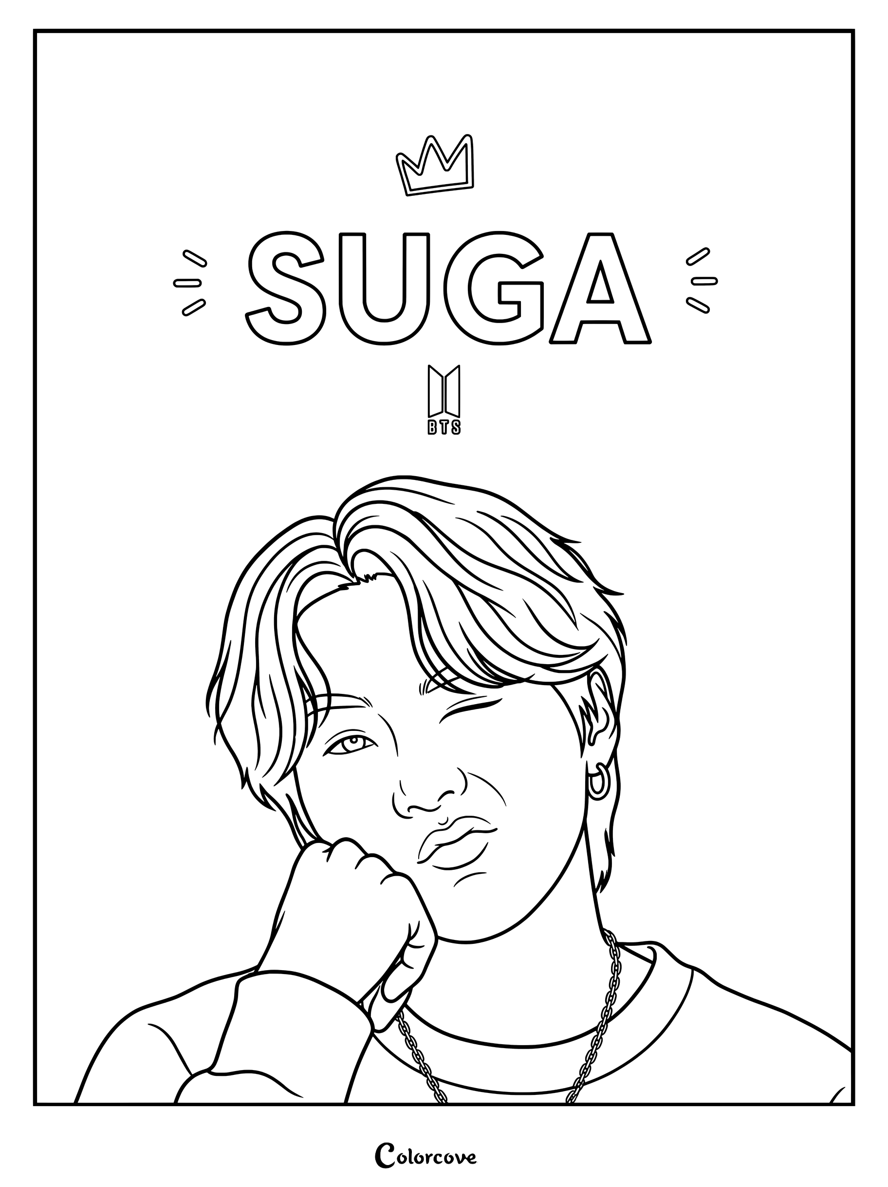Coloriage à imprimer de SUGA de BTS faisant un clin d'œil, la main sur le menton.