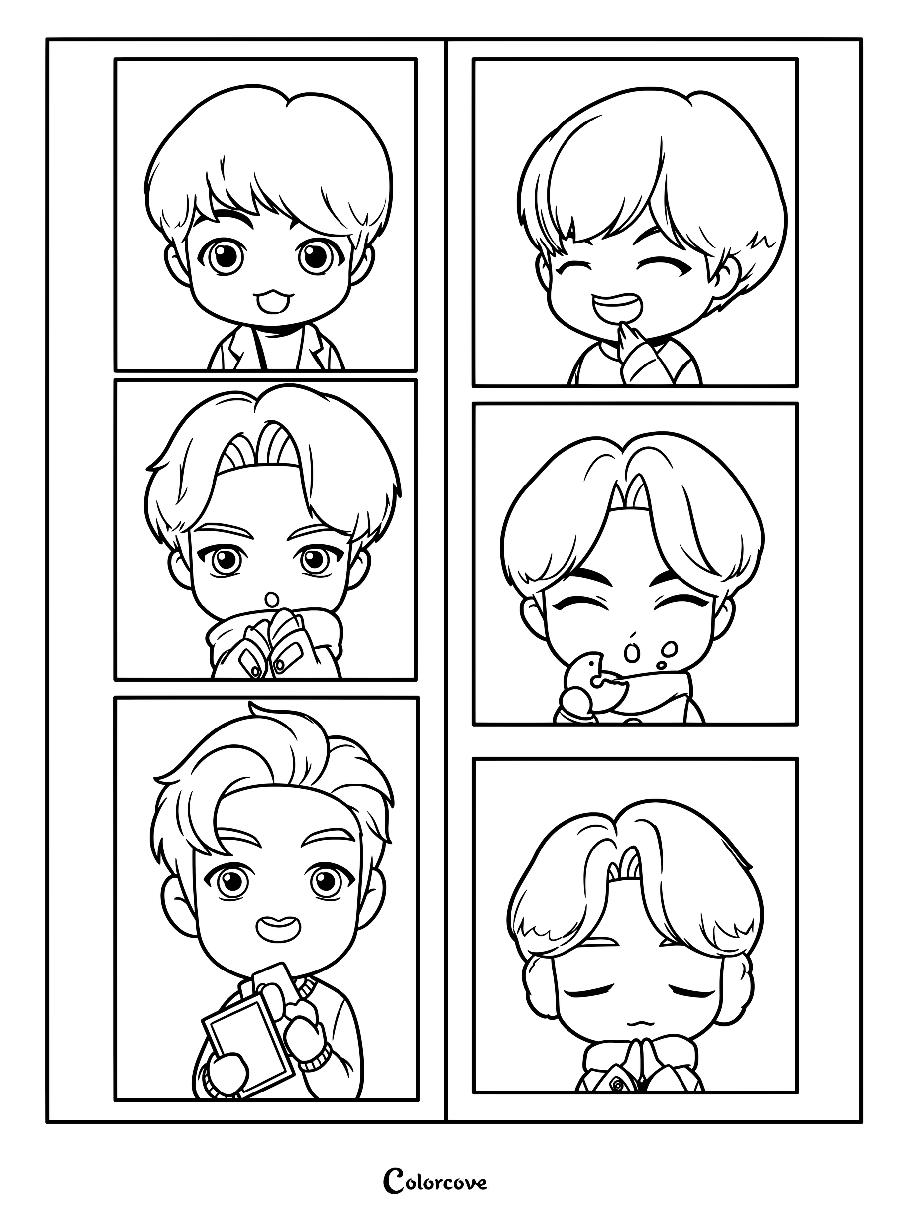 Coloriage d'illustrations cartoon style chibi des membres du groupe K-pop BTS présentées en cases mignonnes.