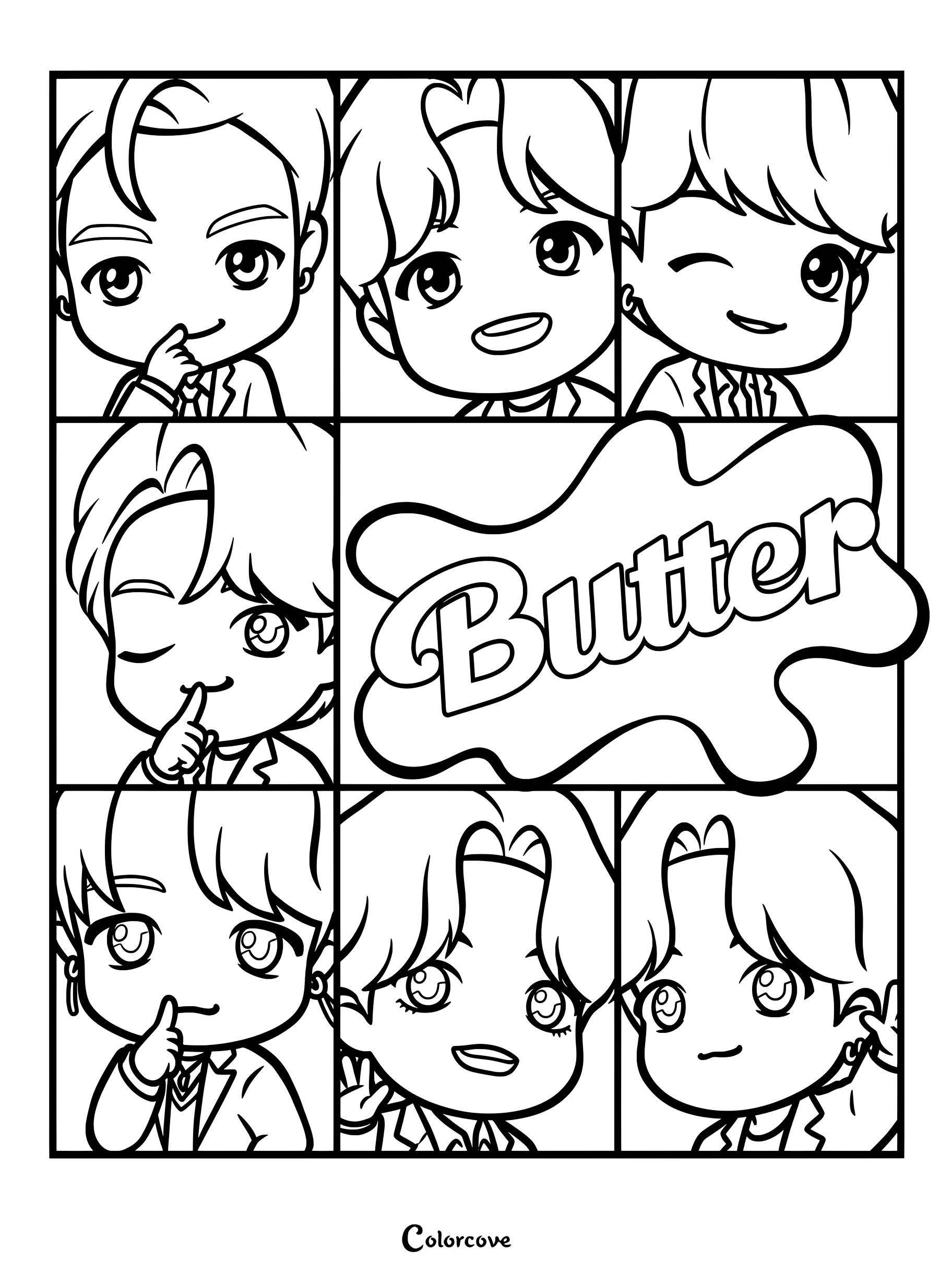 Coloriage en cases de la série BTS TinyTAN Butter avec des personnages animés.