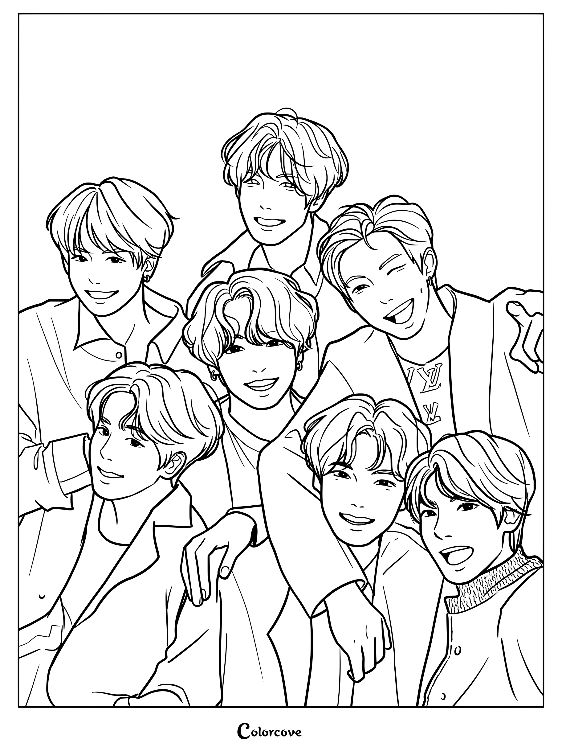 Coloriage numérique fanart des sept membres du groupe sud-coréen BTS.