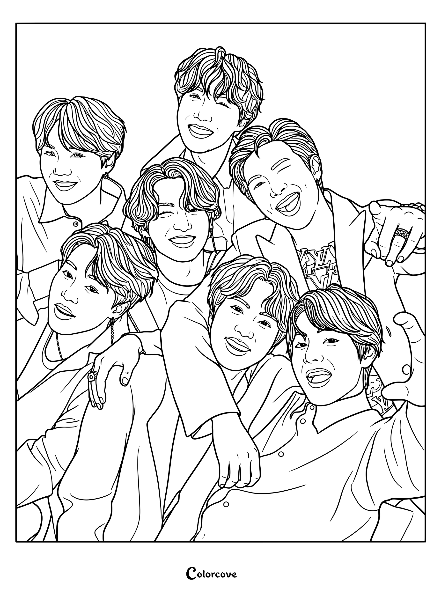 Les membres de BTS posant ensemble dans ce coloriage détaillé.