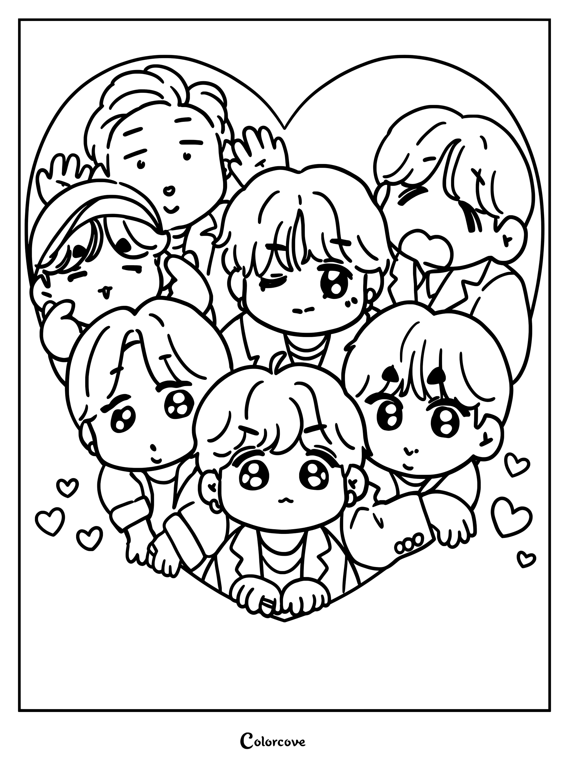 Coloriage fanart mignon de style chibi représentant les sept membres du groupe sud-coréen BTS