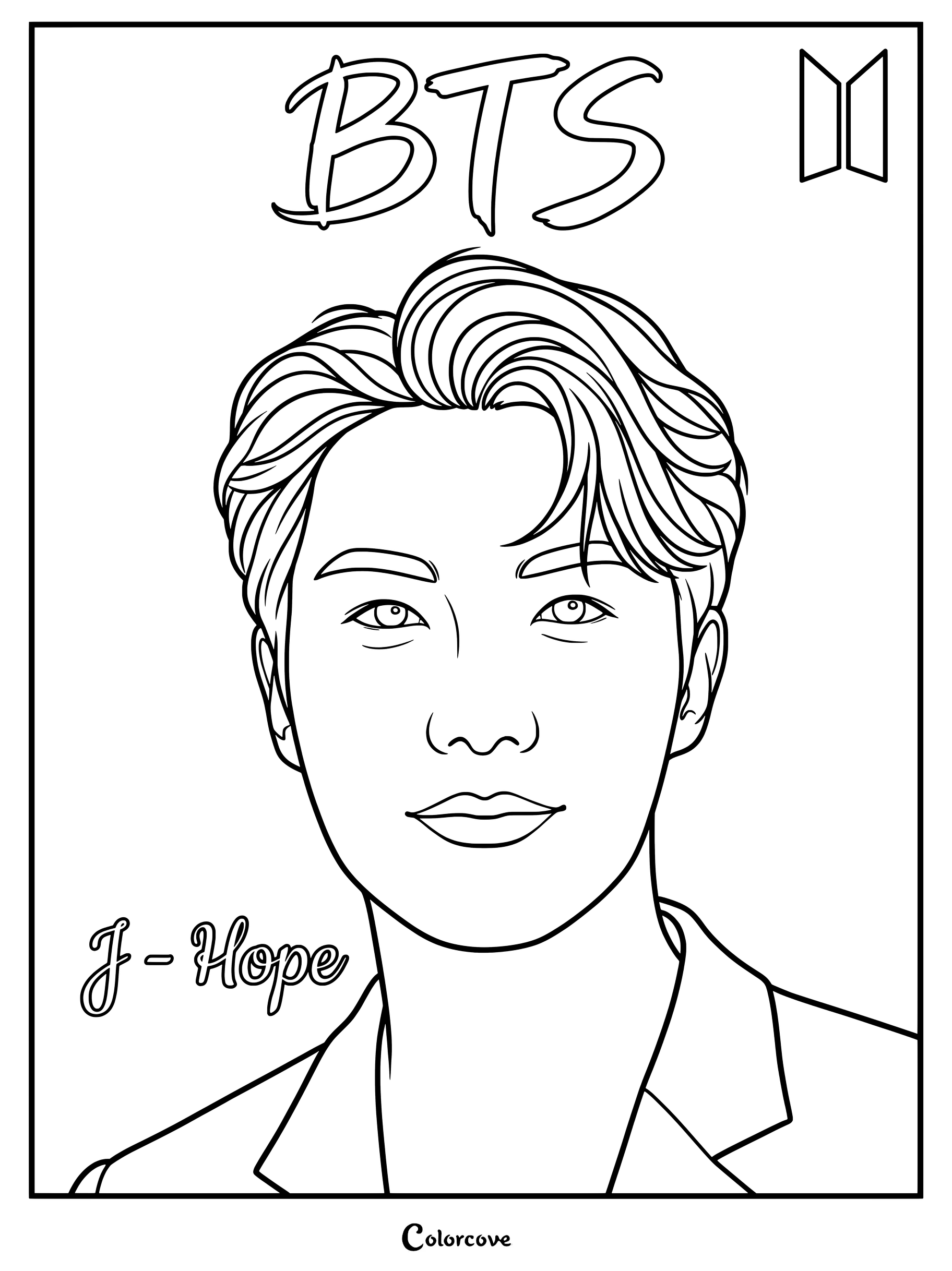 Coloriage du portrait de j-hope de BTS avec sa coiffure stylée et le logo du groupe.