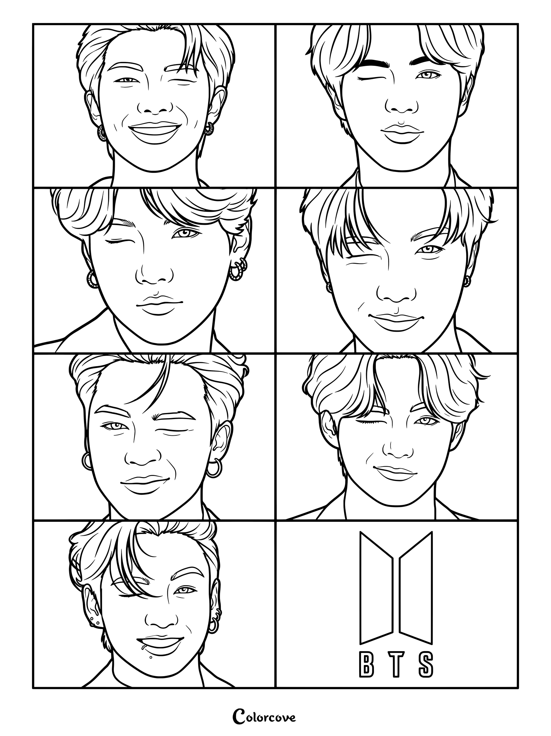 Coloriage BTS montrant un collage en noir et blanc des sept membres clignant de l'œil à côté du logo officiel