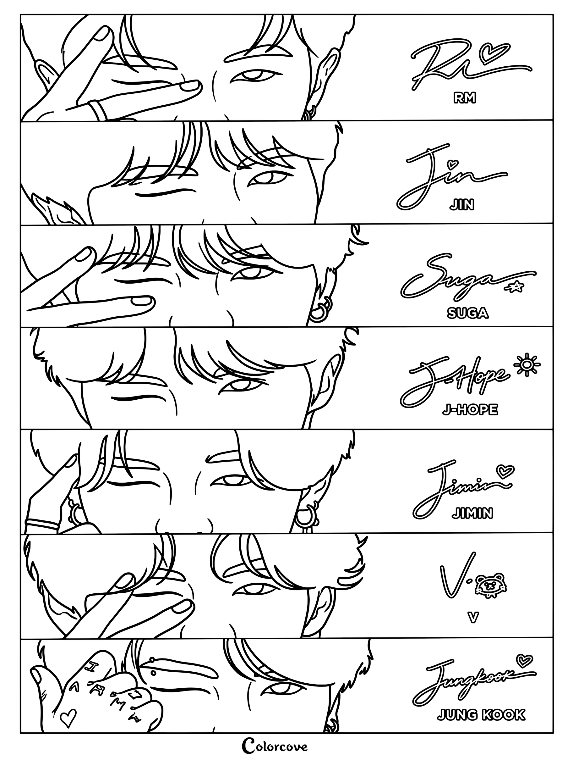 Coloriage à imprimer montrant le regard et les signatures des sept membres de BTS : RM, Jin, SUGA, j-hope, Jimin, V et Jung Kook.