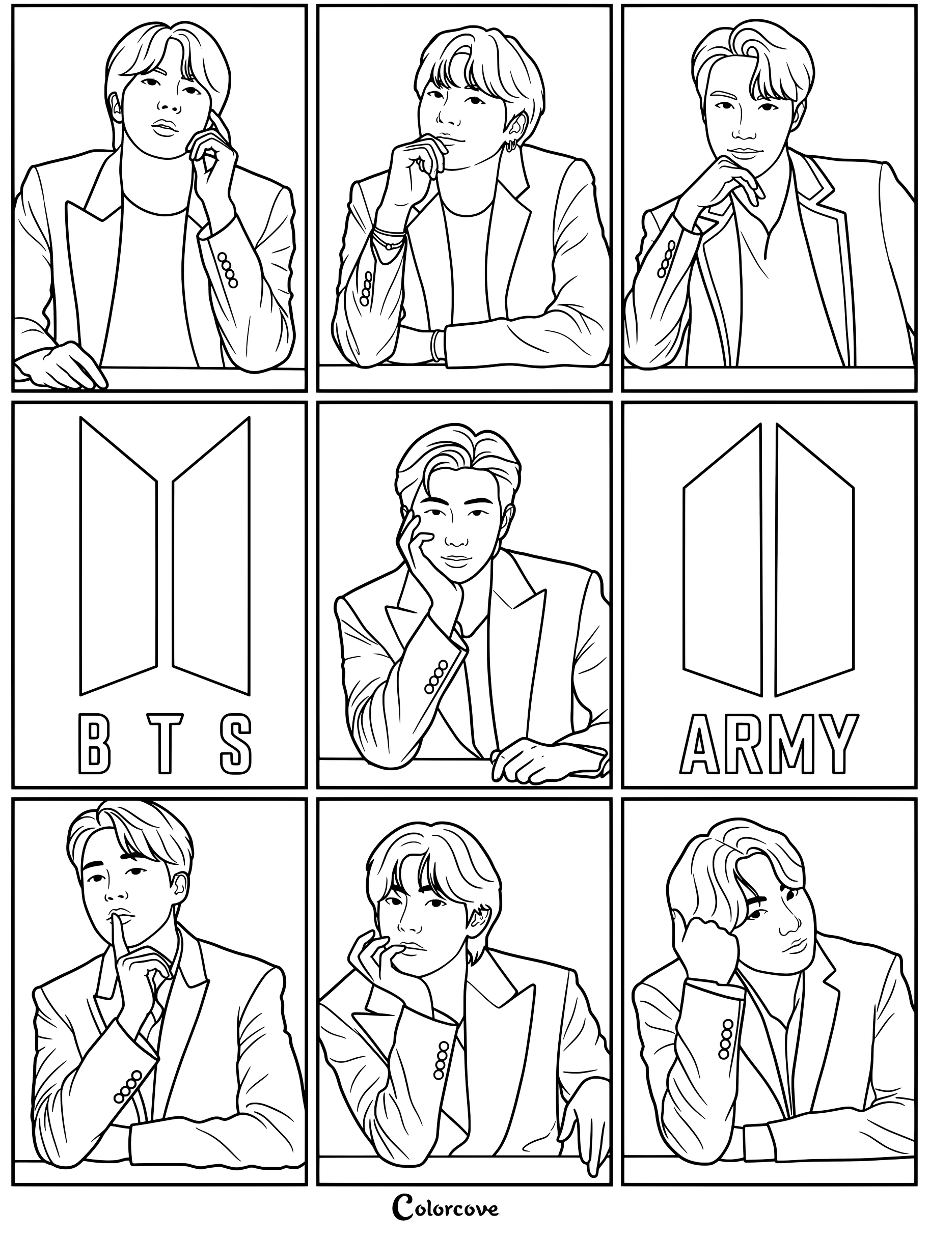 Coloriage du groupe sud-coréen BTS avec les logos officiels et le mot ARMY