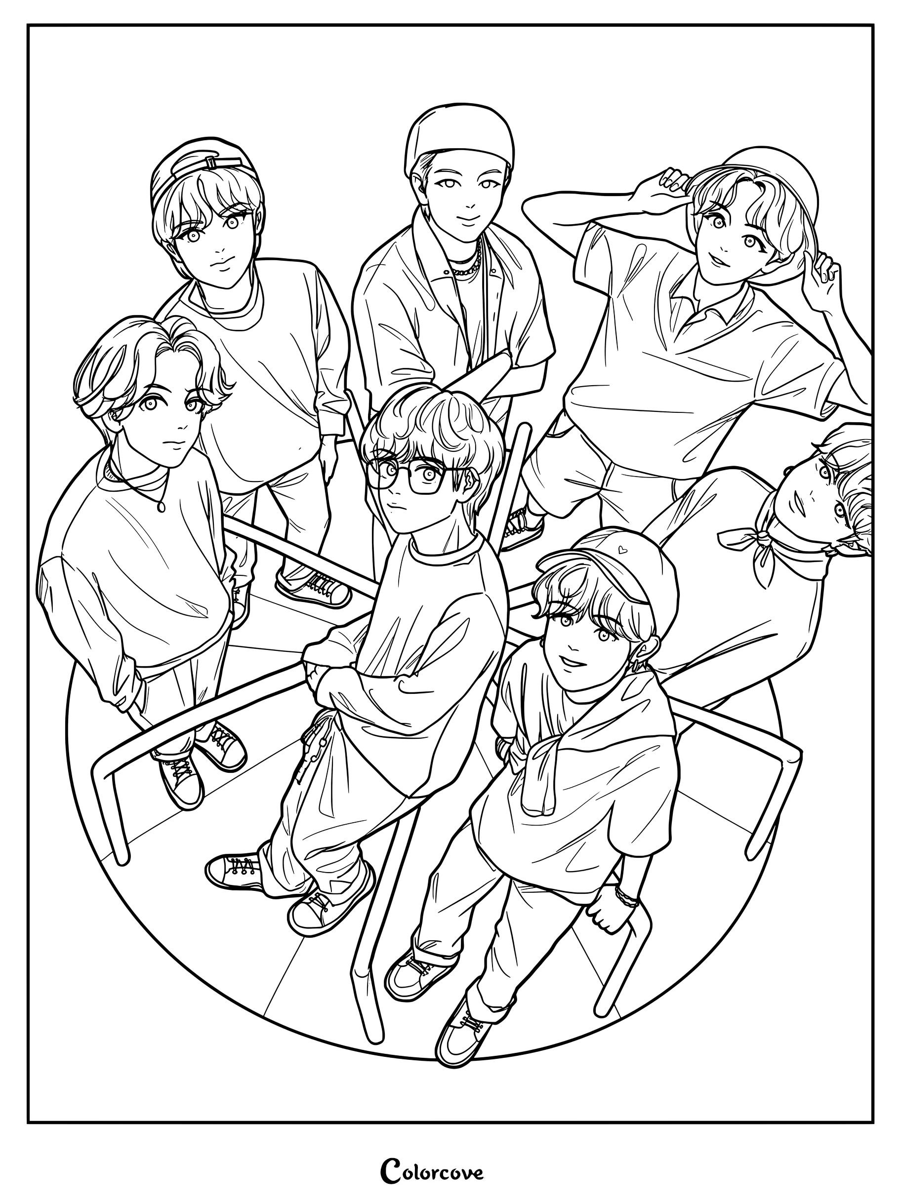 Coloriage BTS représentant une illustration fanart des sept membres faisant du carrousel.