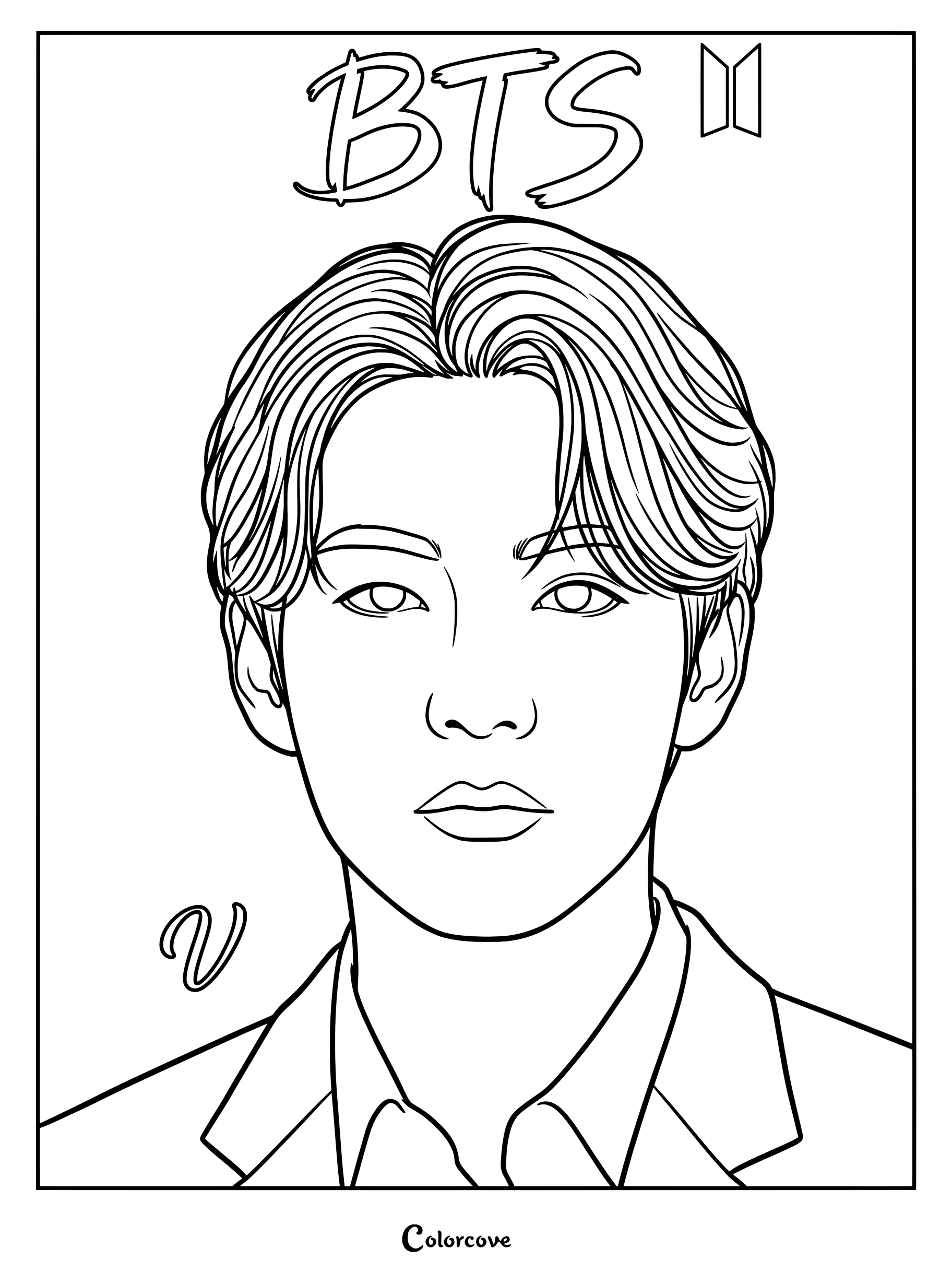 Coloriage des contours du portrait de V de BTS avec sa coiffure stylée et sa veste.