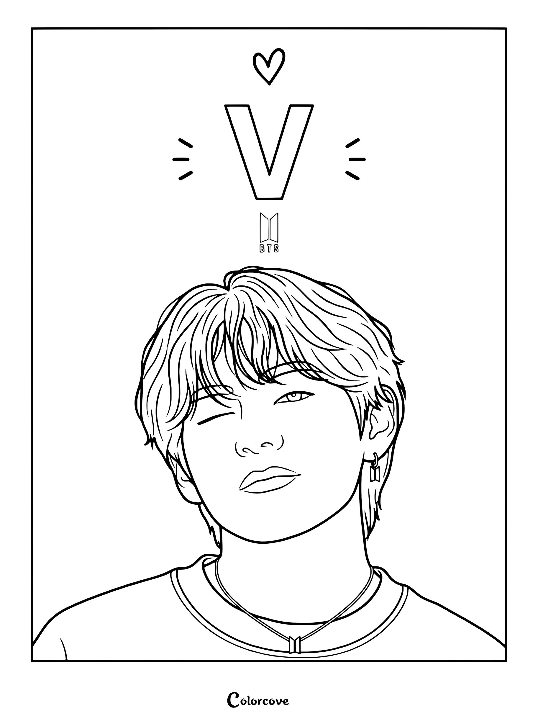 Coloriage de V de BTS faisant un clin d'œil avec une grande lettre V et un cœur.