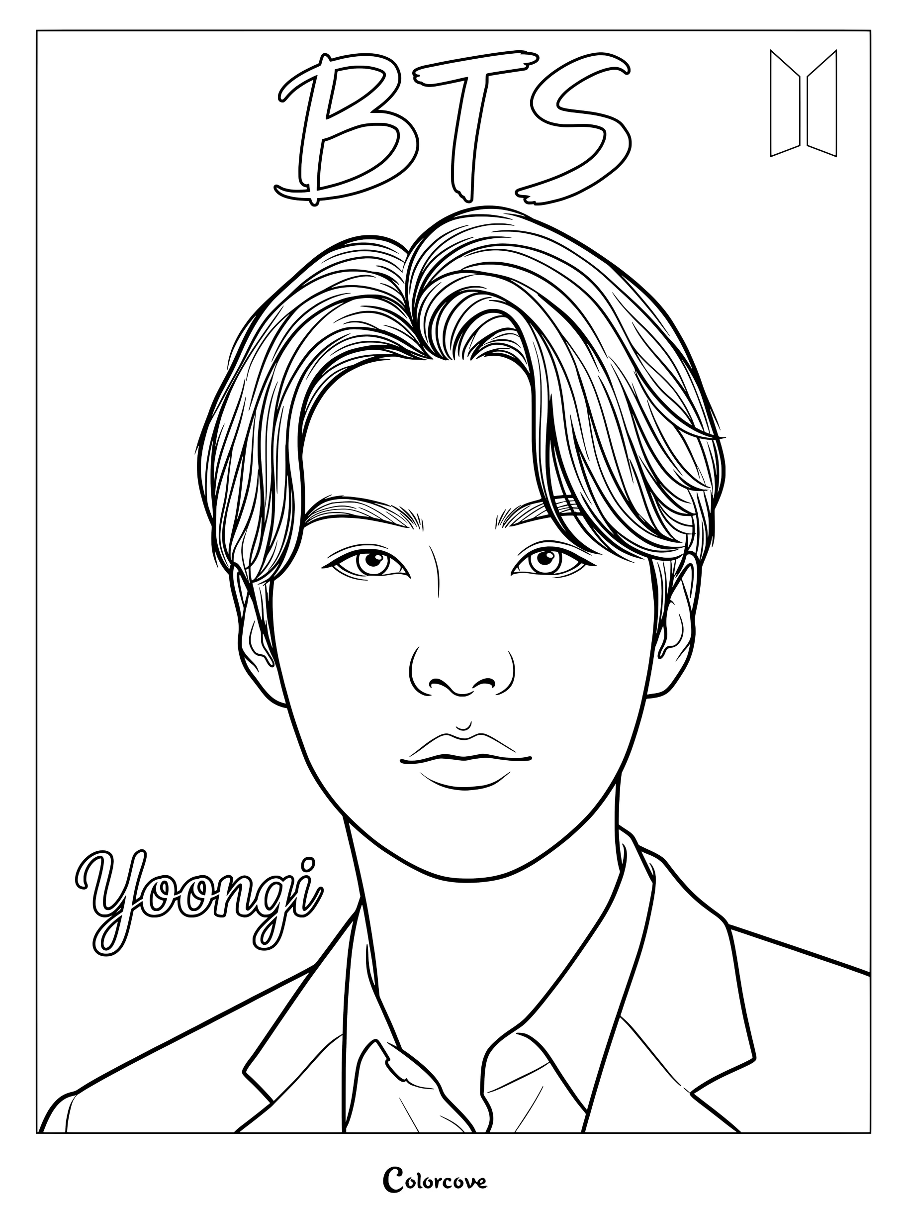 Coloriage du portrait de Yoongi de BTS avec son nom et le logo du groupe.