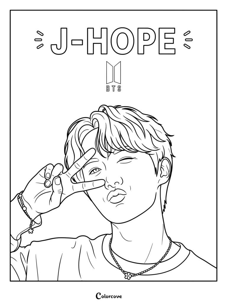 Página para colorear de j-hope de BTS con el idol haciendo la señal de la paz y guiñando un ojo.