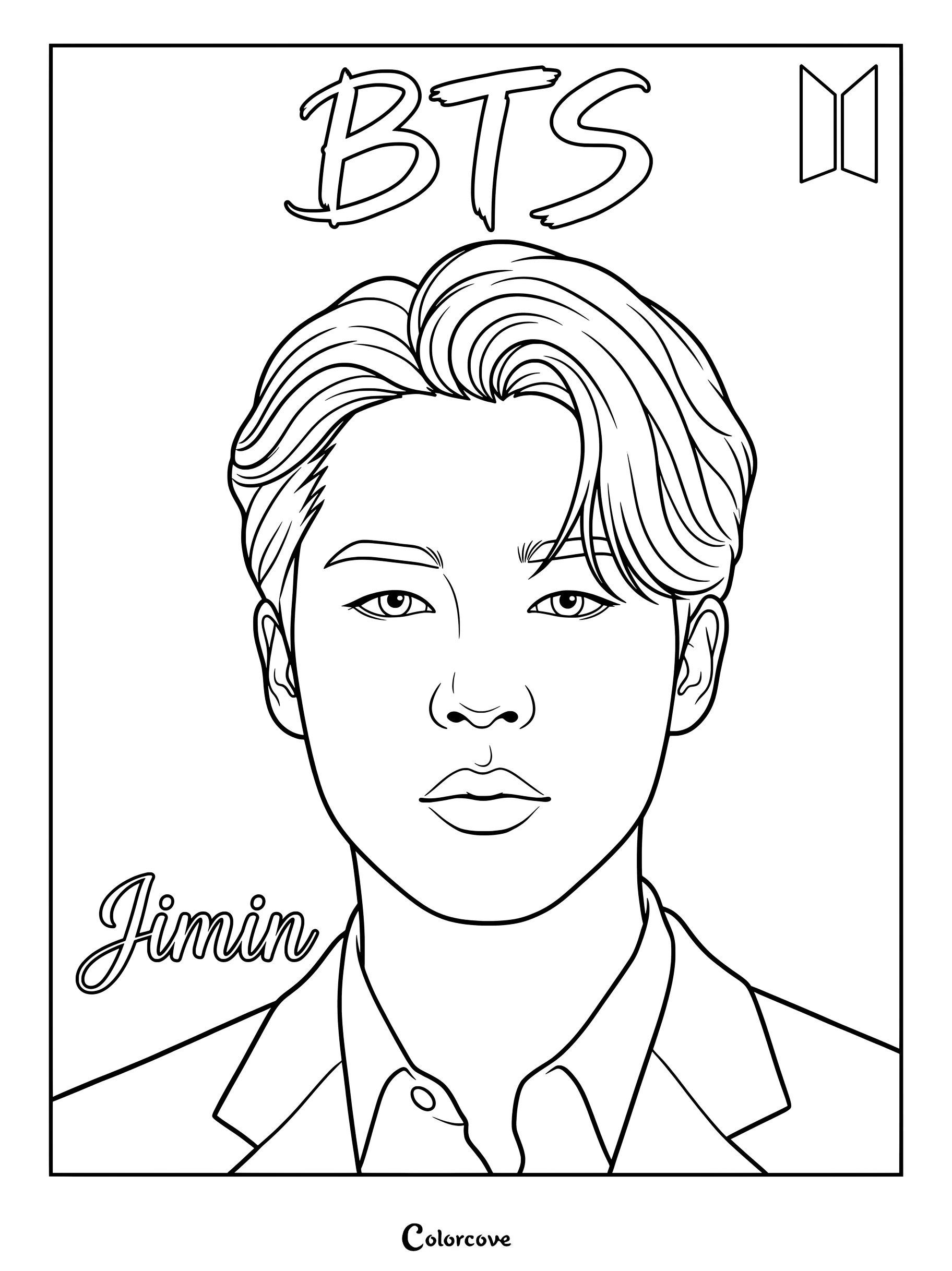 Coloriage du portrait de Jimin avec les éléments visuels de BTS.