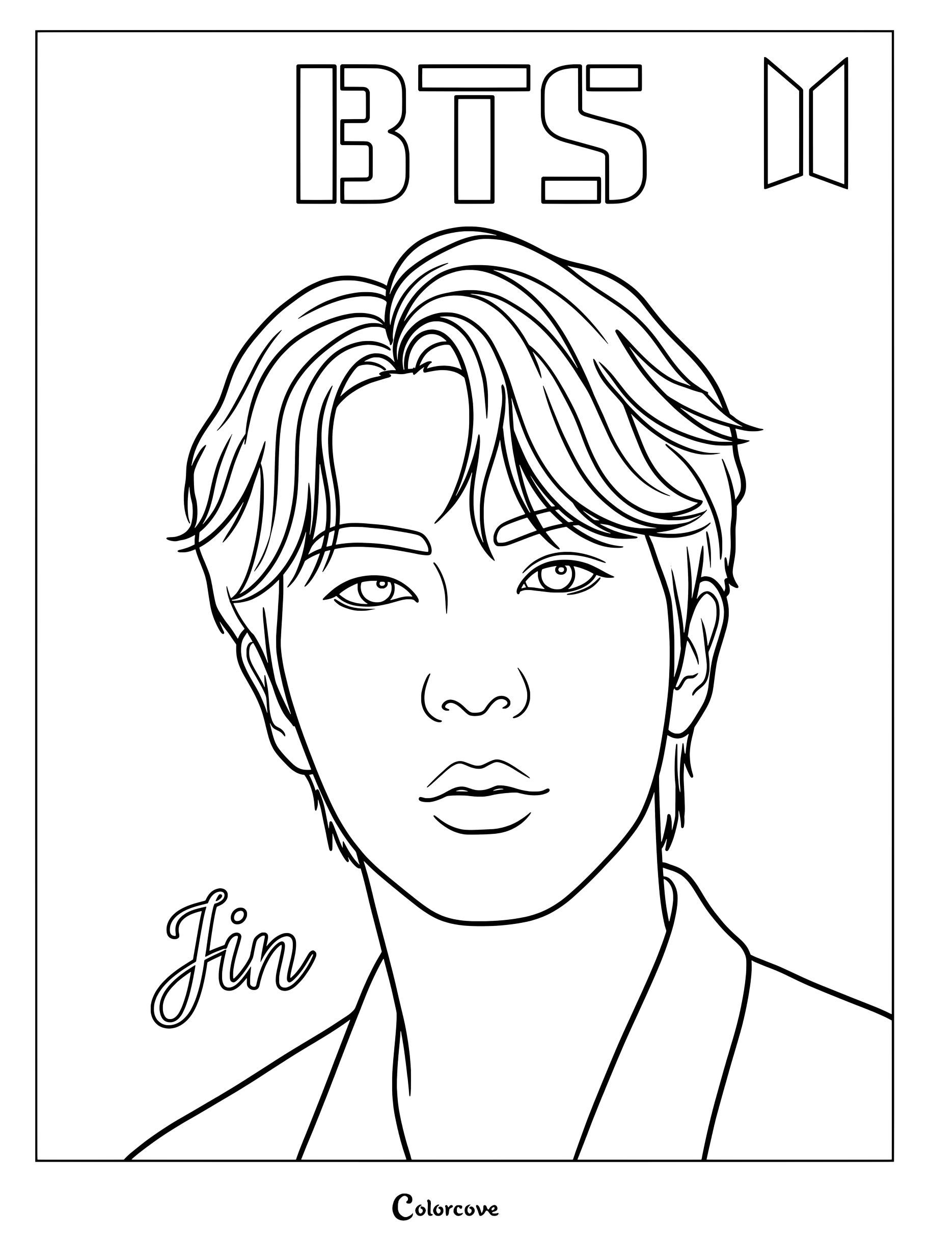 Coloriage de Jin de BTS représentant un portrait détaillé au trait.