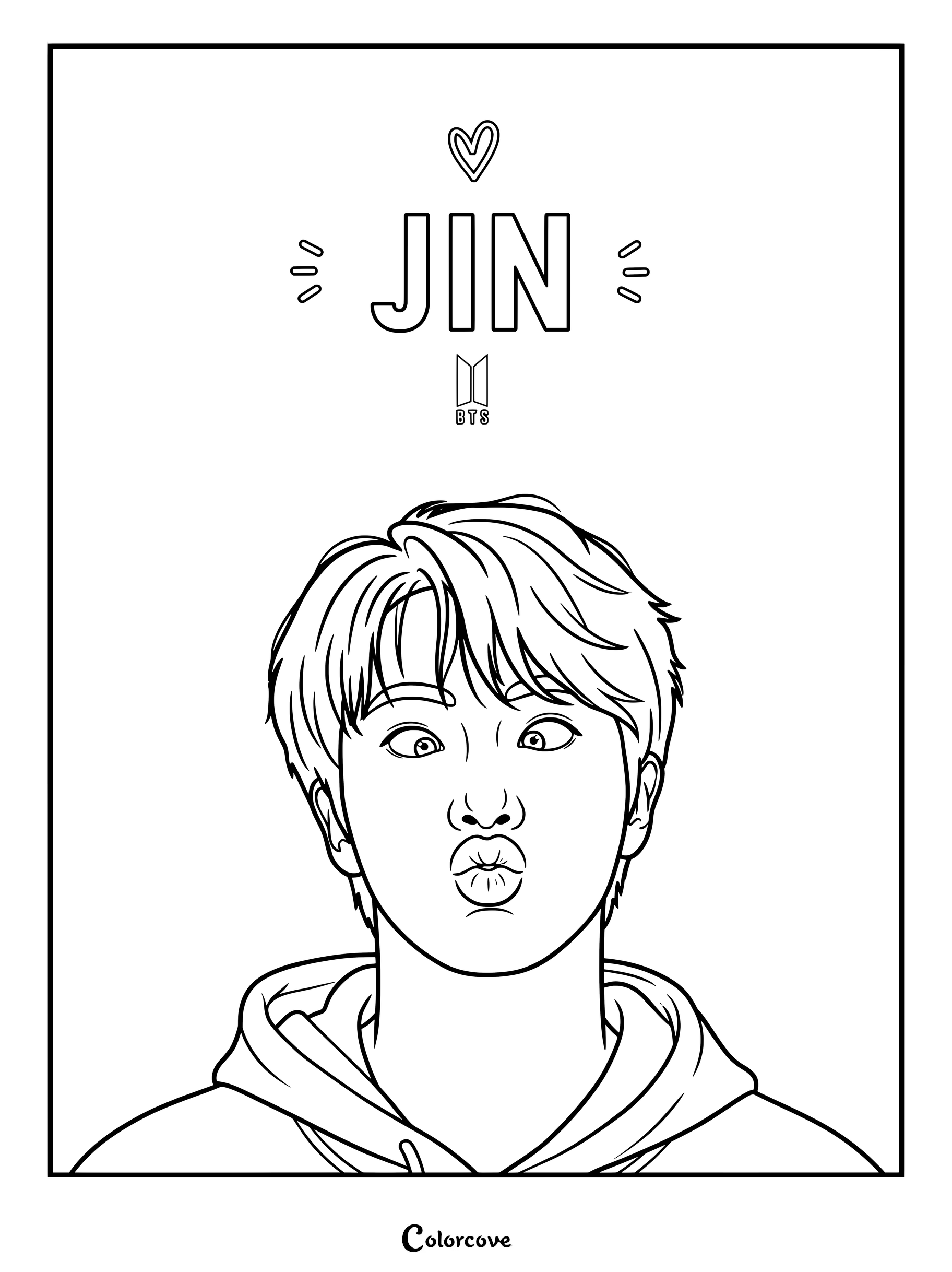 Coloriage à imprimer de Jin de BTS faisant une grimace, les yeux louches et les lèvres pincées.