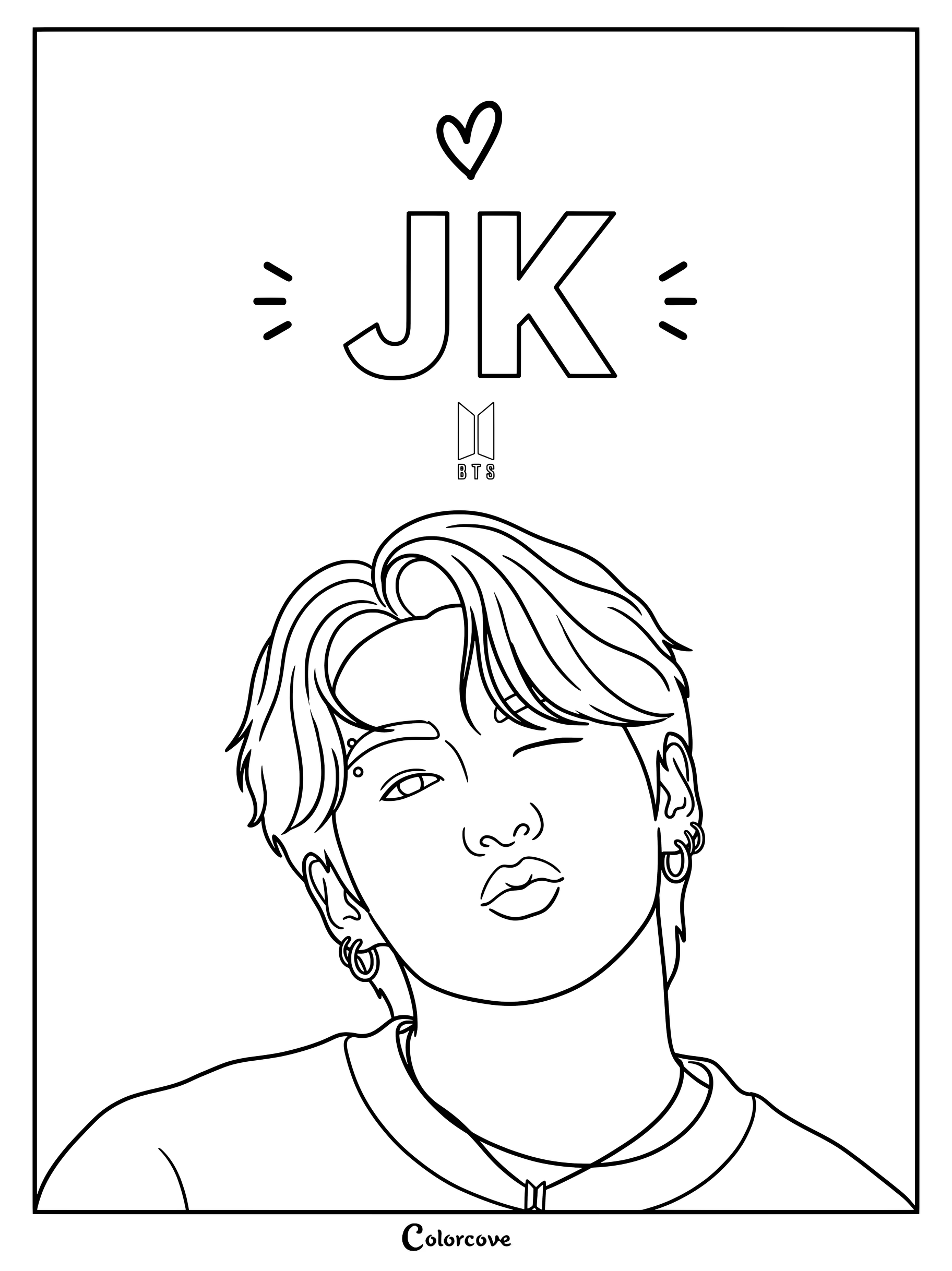 Coloriage de BTS avec Jung Kook envoyant un baiser, du texte décoratif et un cœur.